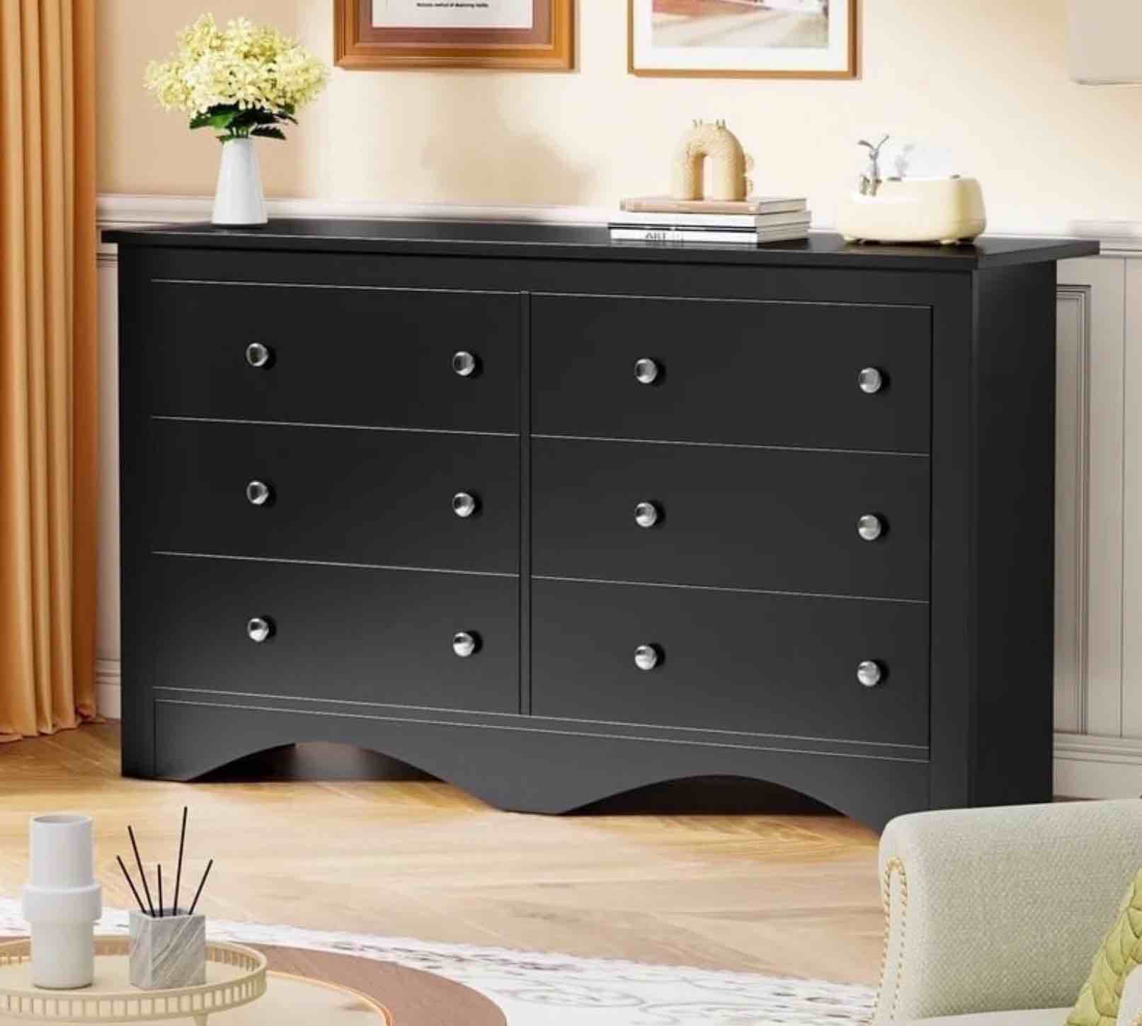 homall 6 drawer double dresser equipped with an anti-toppling device, modern wood chest of drawer for living room bedroom,black