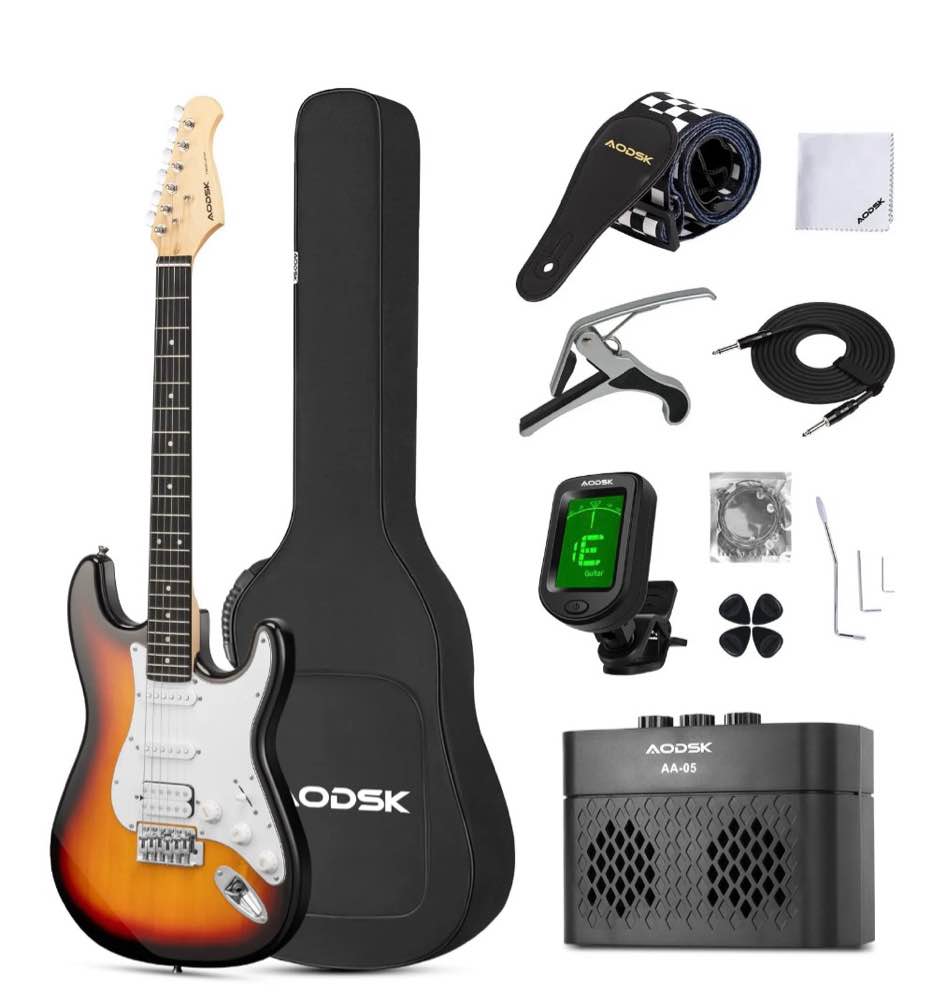 AODSK Electric Guitar with Amp Complete Starter Kit, 39 inch Full Size Solid Body, HSS Sunburst