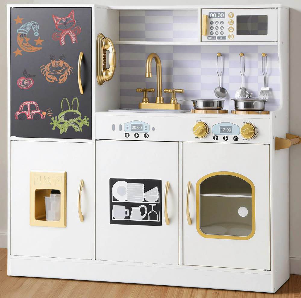 coclub play kitchen, wooden kids kitchen playset with chalkboard, ice maker, play phone, cookware accessories, microwave toy kitchen gift for boys girls age 3-8 white