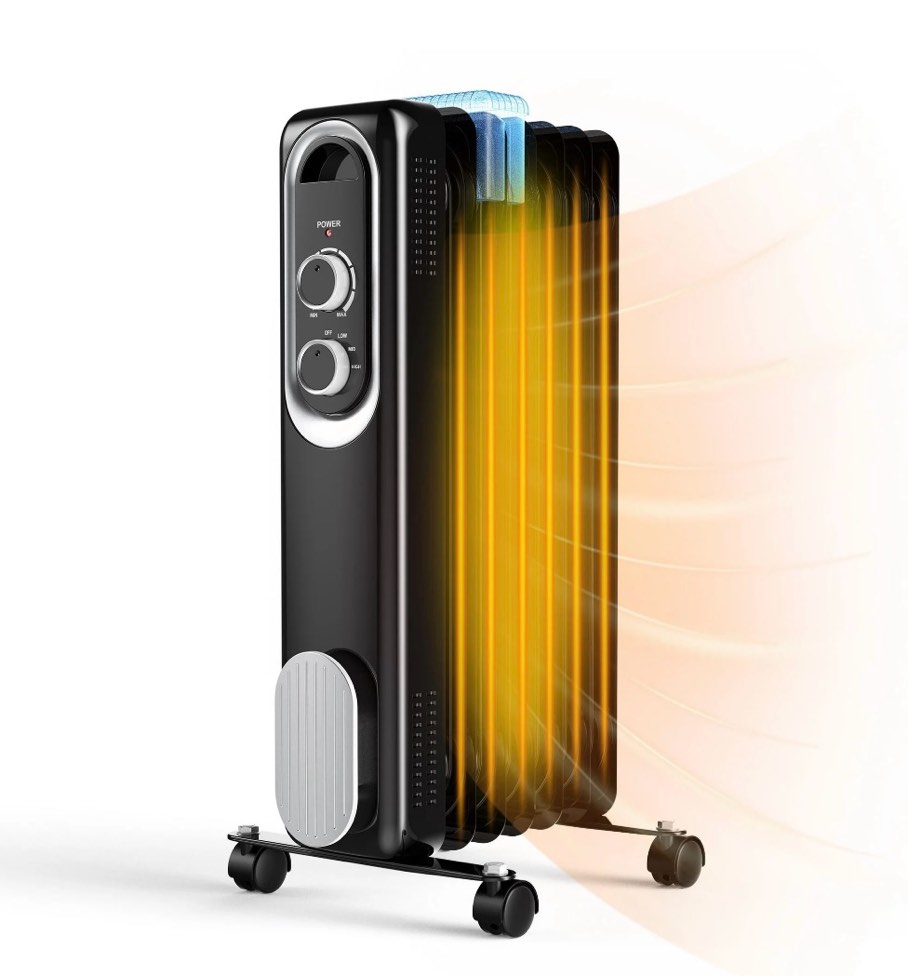 edx basic electric oil filled radiator, 1500w space heater with adjustable thermostat, black, 22.83 x 11.81 x 4.92 in