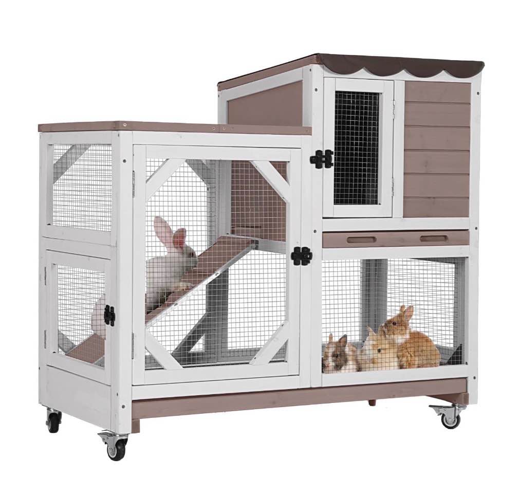 Aivituvin Rabbit Cage Indoor Outdoor Bunny Hutch on Wheels, 2 Story Wood Guinea Pig Cages with 2 Deeper Pull Out Trays