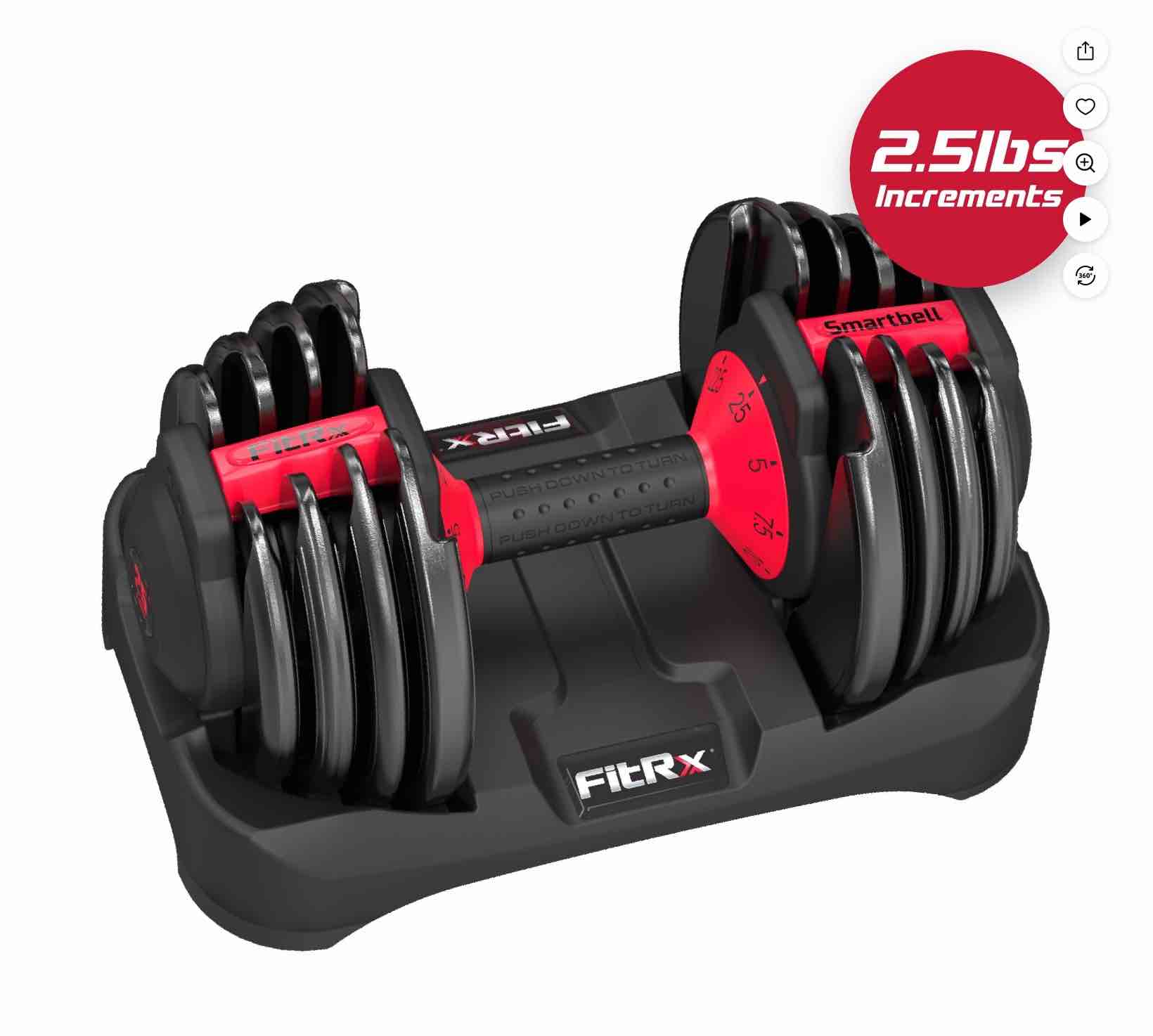 fitrx adjustable dumbbells, 25lb smartbell dumbbell set with quick-select weights, 2.5lb increments for home gym