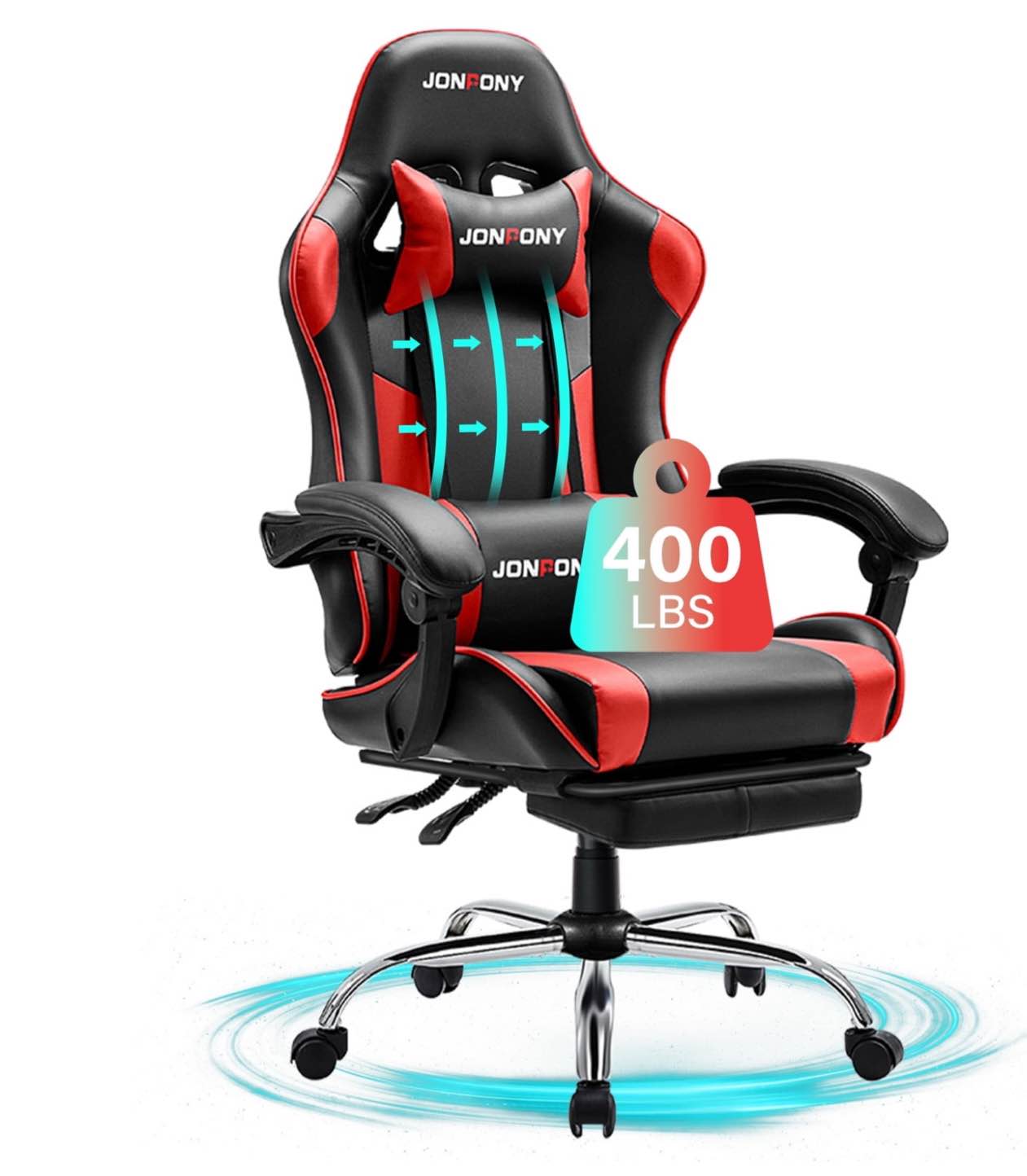 jonpony big and tall gaming chair, ergonomic design, gamer chair pu leather with footrest and lumbar support, high back office chair support 8 hours long sitting, computer chair,black red