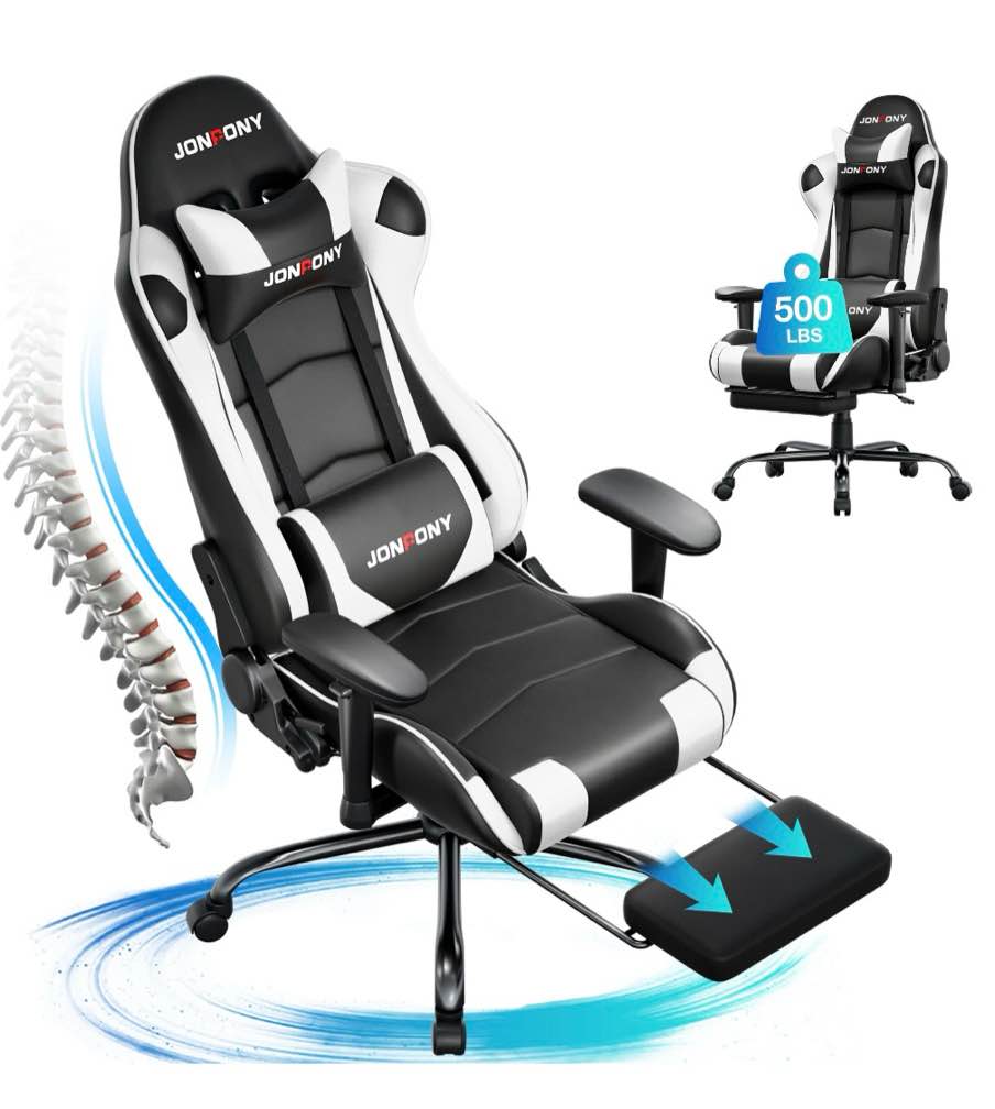jonpony big and tall 500lbs gaming chair, ergonomic design, gamer chair pu leather with footrest and lumbar support, high back office chair support 8 hours long sitting,white computer chair,white