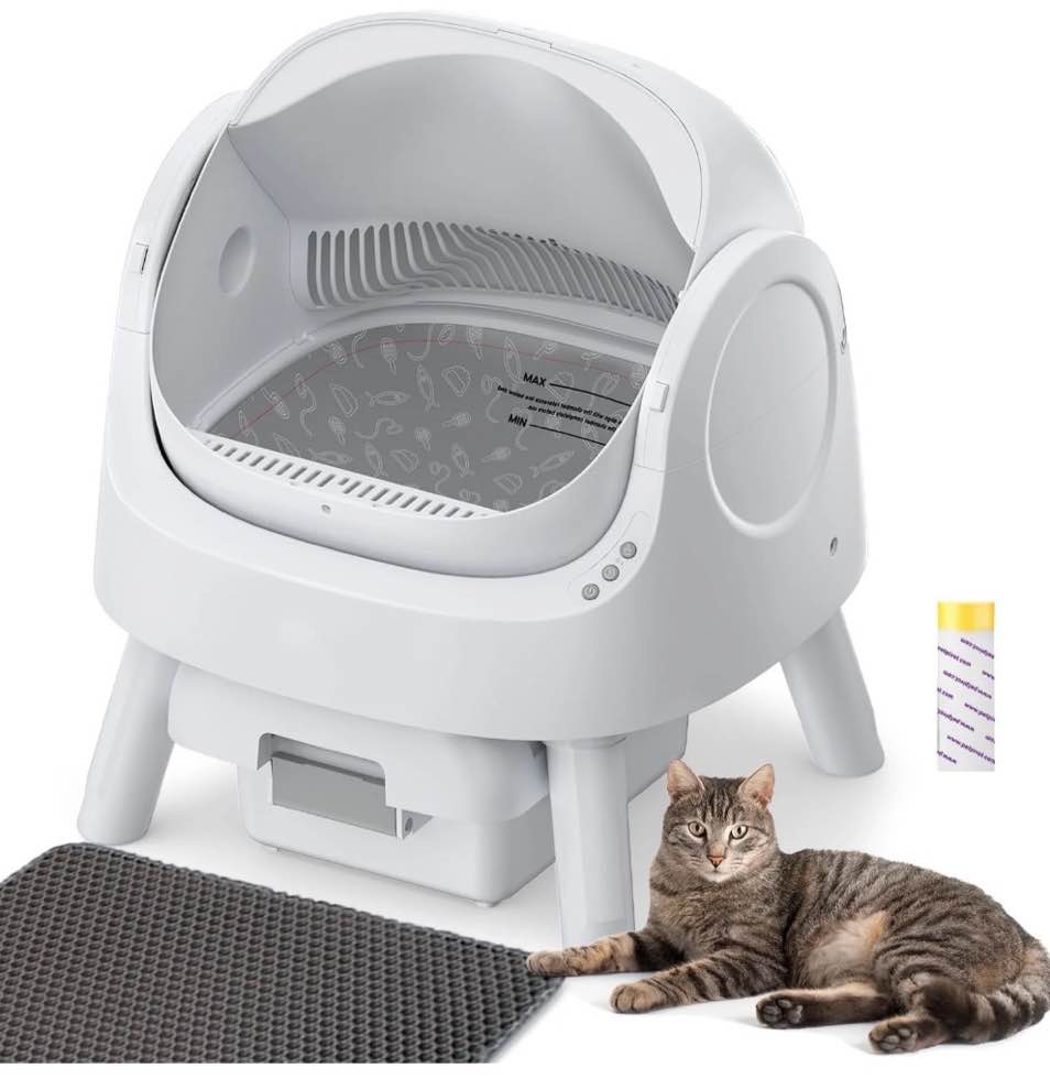 petpivot large open-top automatic cat litter box self cleaning with safety protection, mat and trash bags included, white