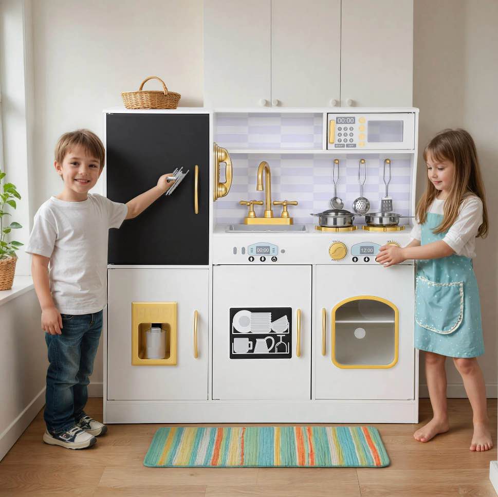 coclub play kitchen, wooden kids kitchen playset with chalkboard, ice maker, play phone, cookware accessories, microwave toy kitchen gift for boys girls age 3-8 white