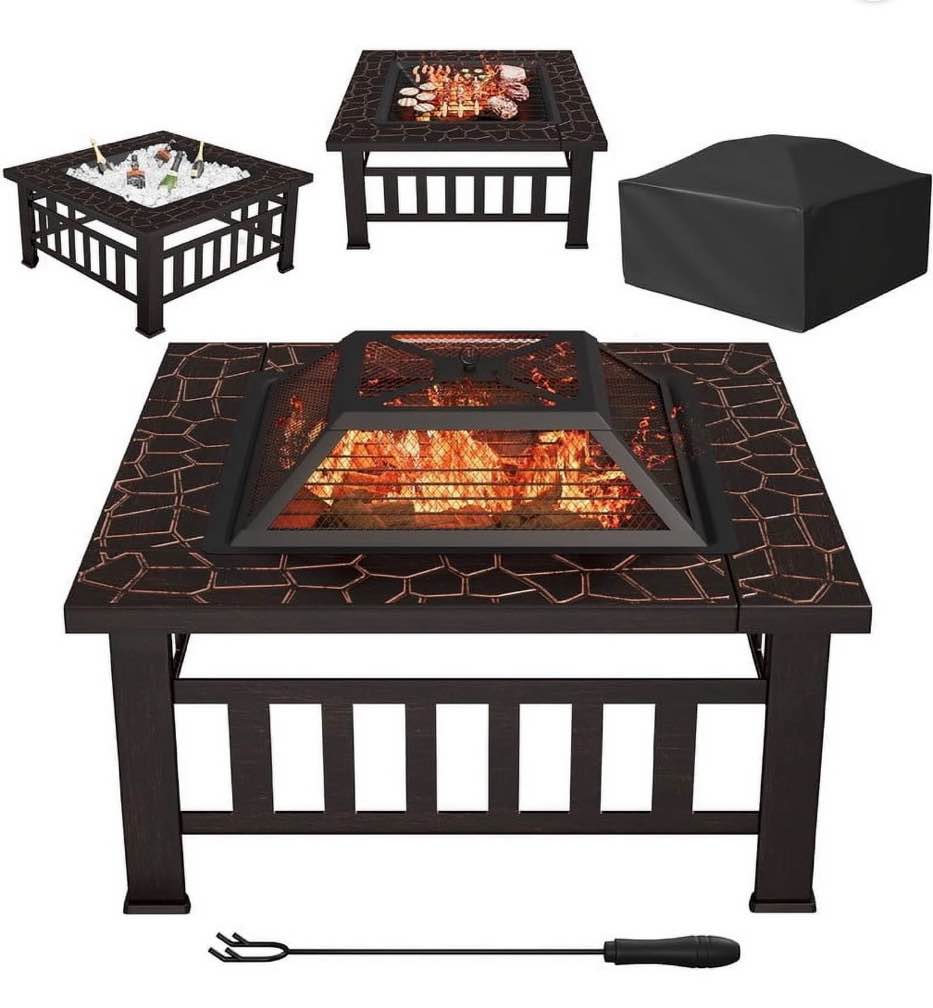 lacoo 32" patio square fire pit table for patio backyard bbq, ice storage with mesh lid, poker and cover, brown
