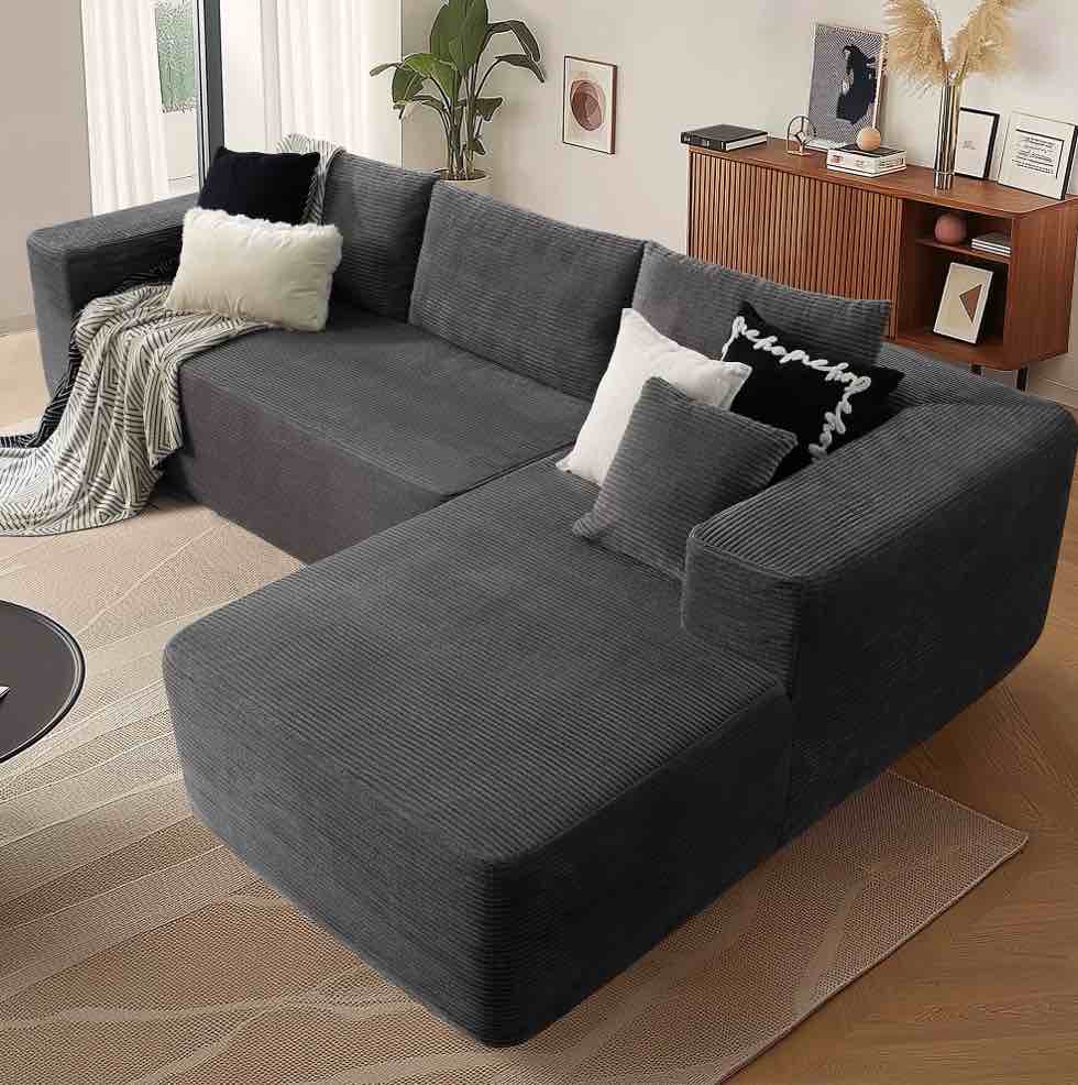 106'' modular sectional sofa couch corduroy l shaped modern minimalist couches for living room, gray