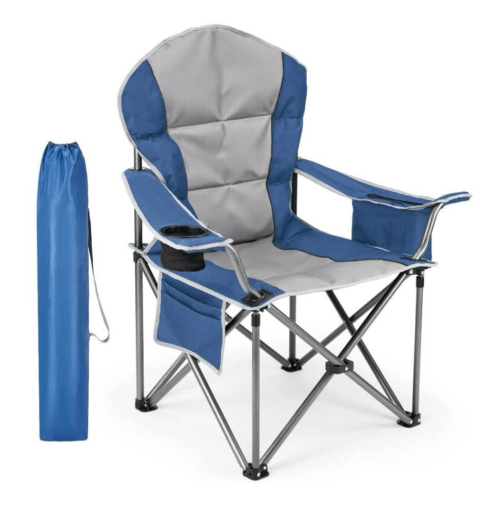 edx oversized camping folding chair, heavy duty padded chair with cup holder storage and cooler bag, 5000 lbs steel frame, portable for outdoor,blue gray