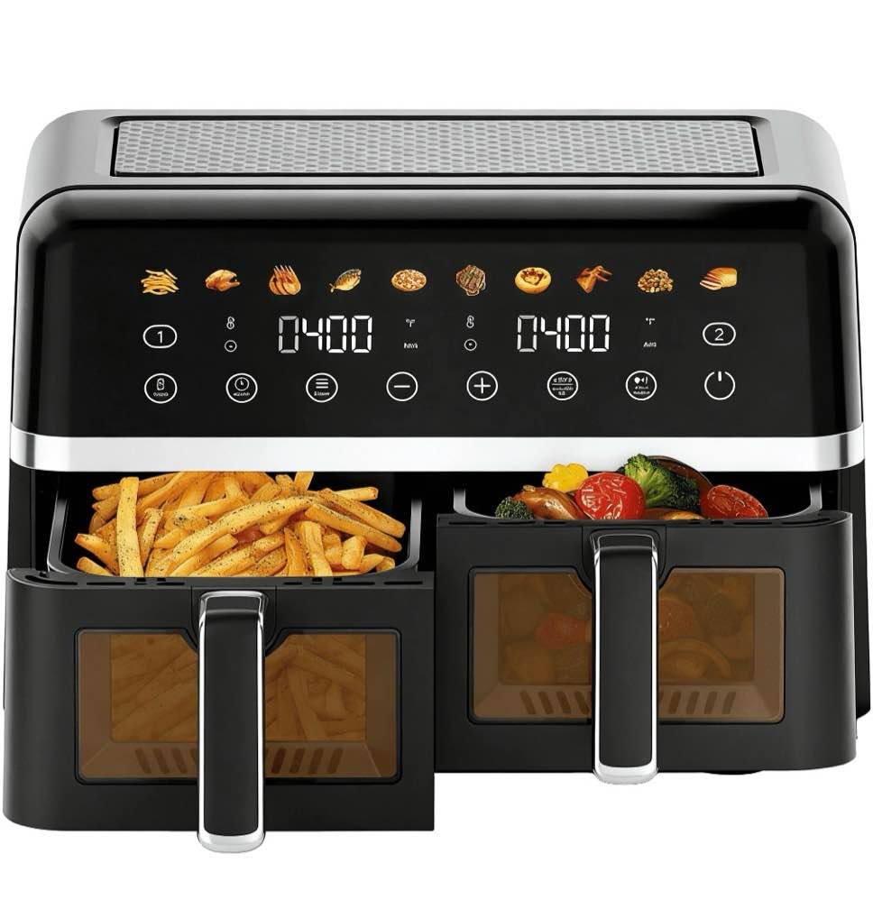 whall digital air fryer oven - 2 independent 5 qt baskets, view window, 1800w