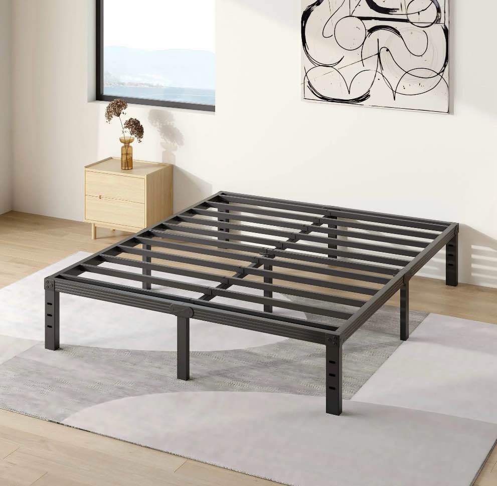 comasach 14 inch queen bed frame, easy assembly, no box spring needed, heavy duty metal platform queen size, noise free, black