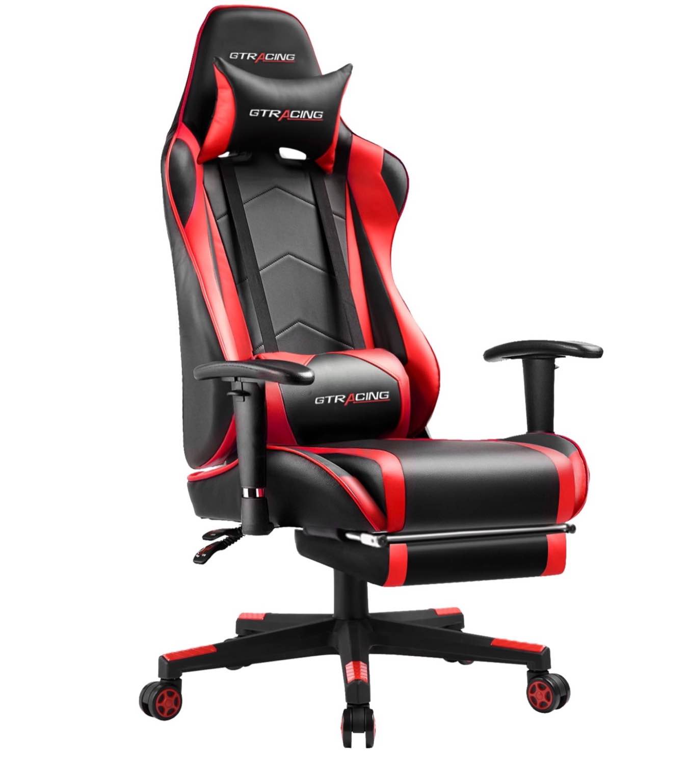 gtracing gaming chair, ergonomic office desk chair with lumbar support, pu leather, footrest & adjustable headrest, red