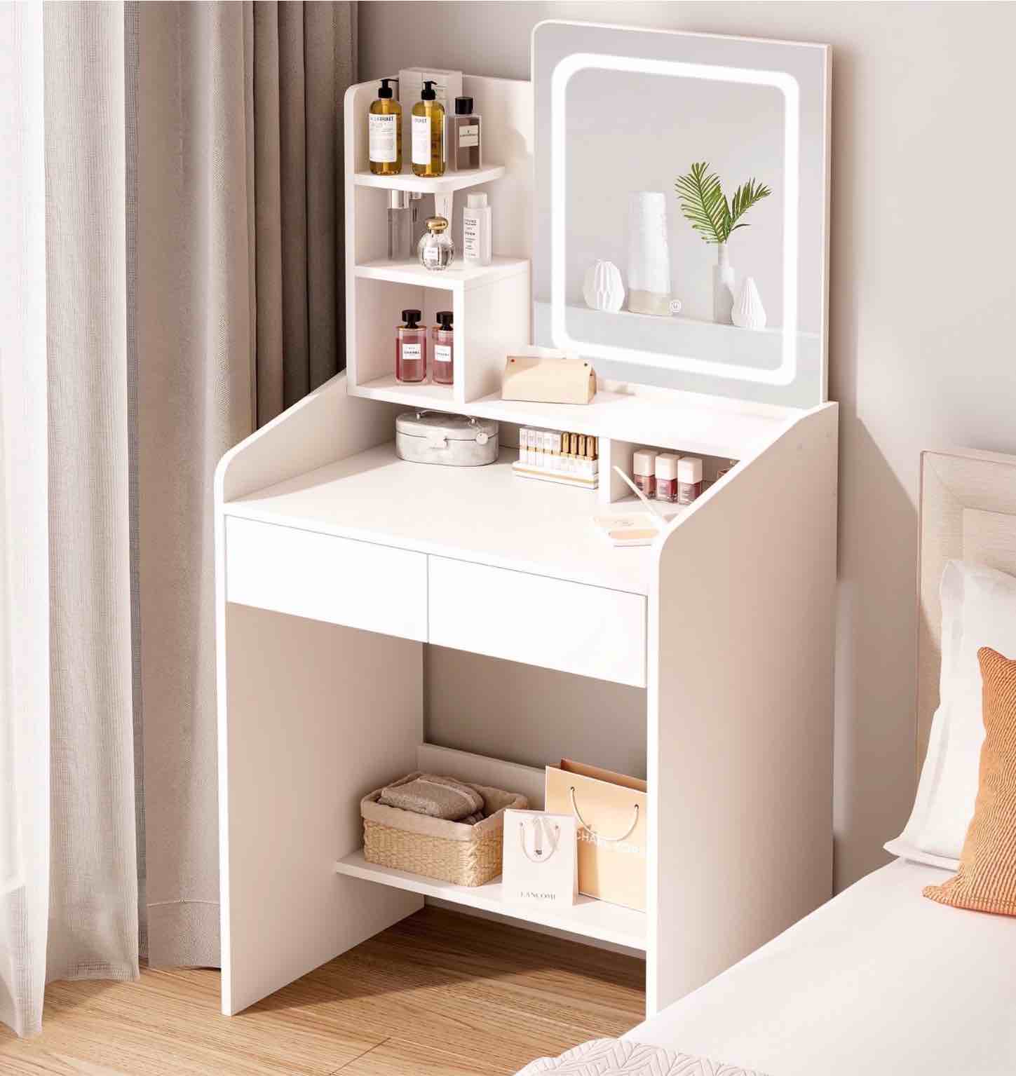 livelyglow vanity desk set with square mirror and light- small vanity table with drawers- white