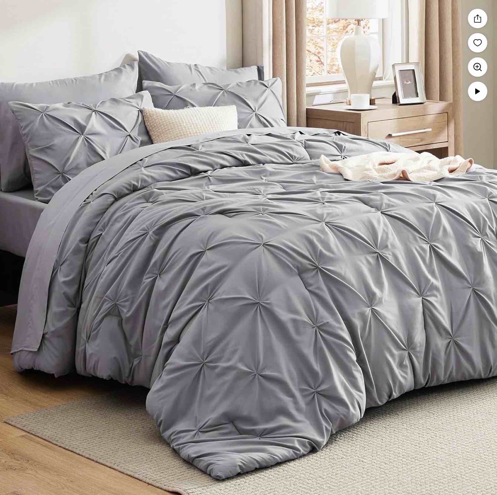 u by bedsure king comforter set 7 pieces- pinch pleat grey bed in a bag with comforters, sheets, pillowcases & shams