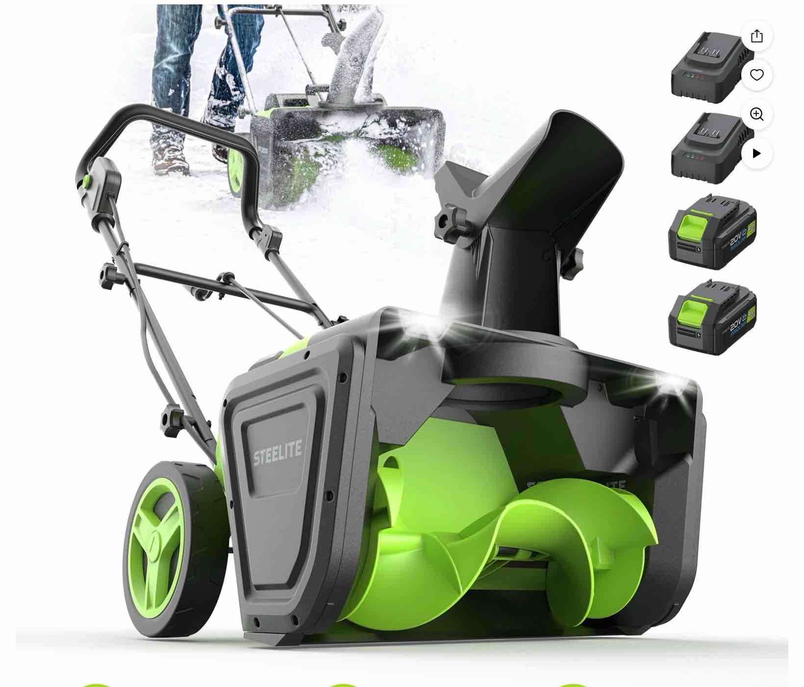 steelite 2x21v cordless snow blower, 20" snow thrower with brushless motor,850 lbs/min electric snow remove machine with 2 x4.0 ah batteries & charger