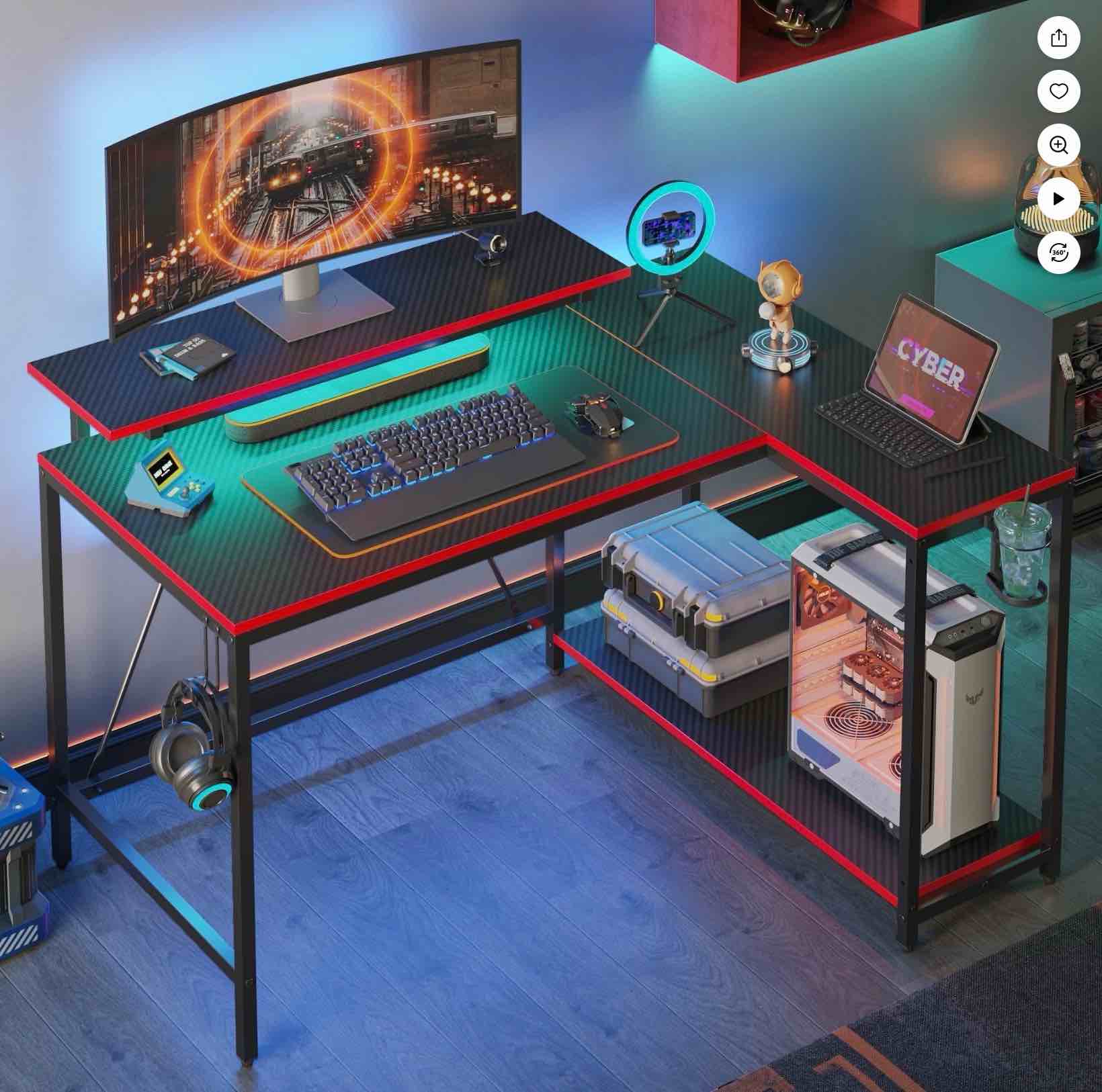 pinmoco 42" reversible l-shaped gaming desk with monitor stand, led lights& headset hooks, home office, carbon fiber black