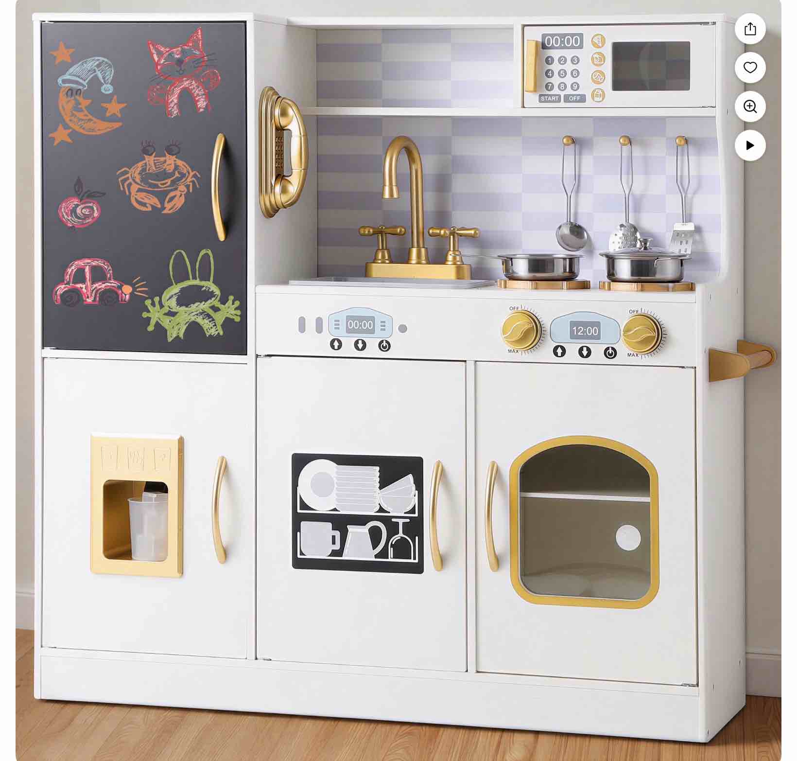 coclub play kitchen, wooden kids kitchen playset with chalkboard, ice maker, play phone, cookware accessories, microwave toy kitchen gift for boys girls age 3-8 white