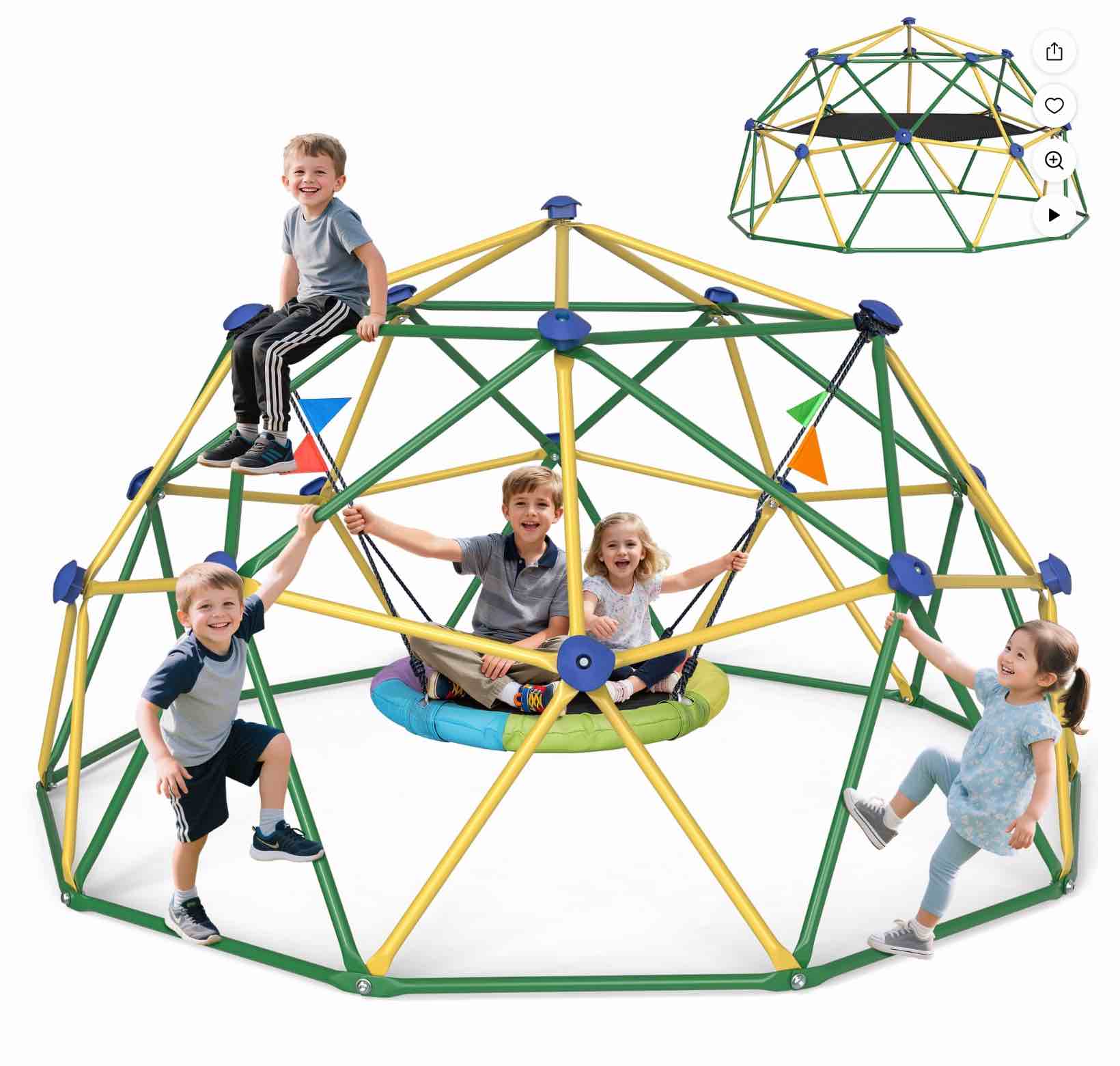 gikpal 4-in-1 jungle gym 120 dome climber with hammock &swing for kids outdoor play equipment supports up to 1000lbs jungle gym anti-rust easy assembly yellow+ green