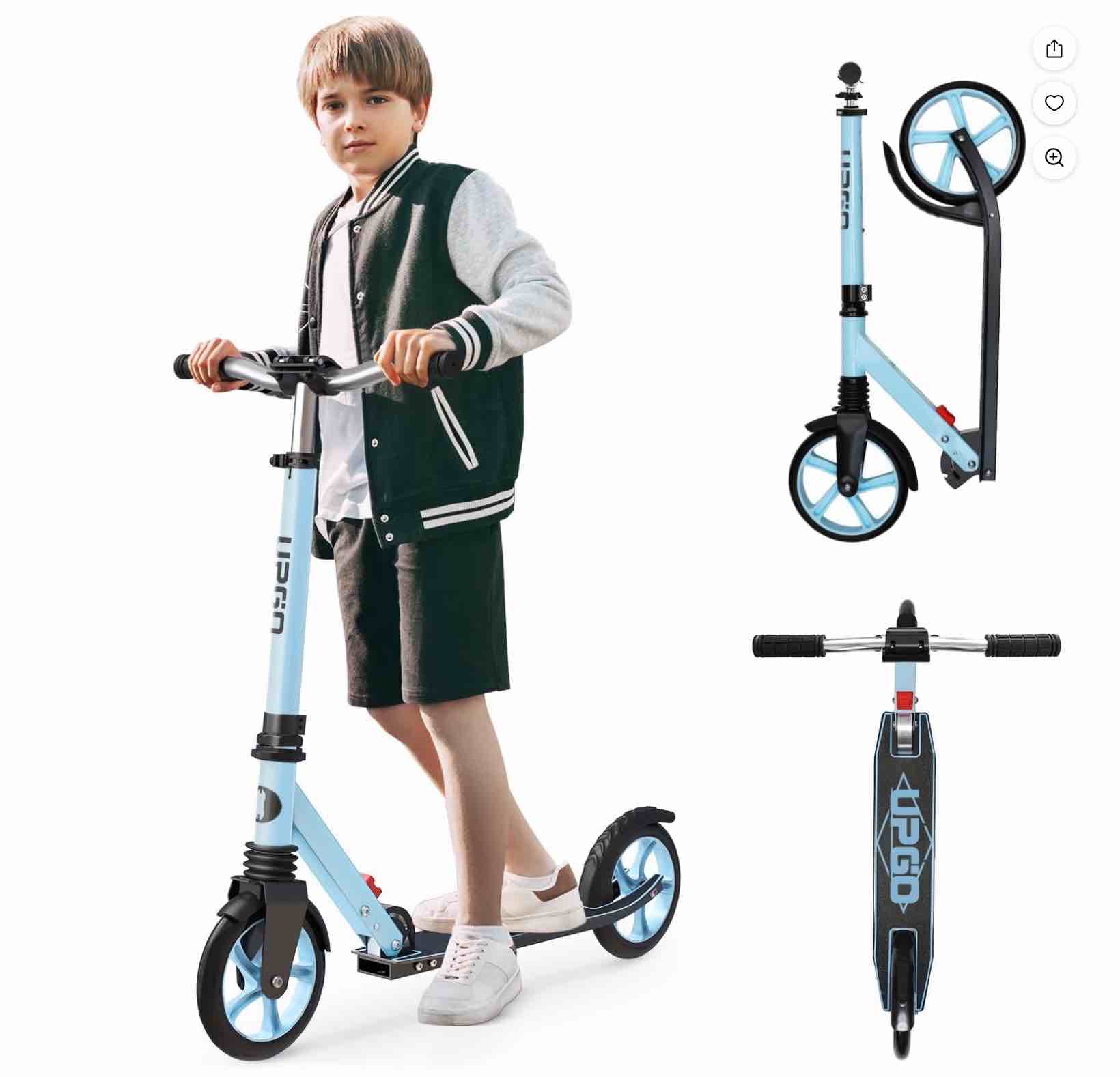 upgo kick scooter for ages 6+, kids, teens & adults, 240 lb max load, foldable, 8-inch wheels,blue