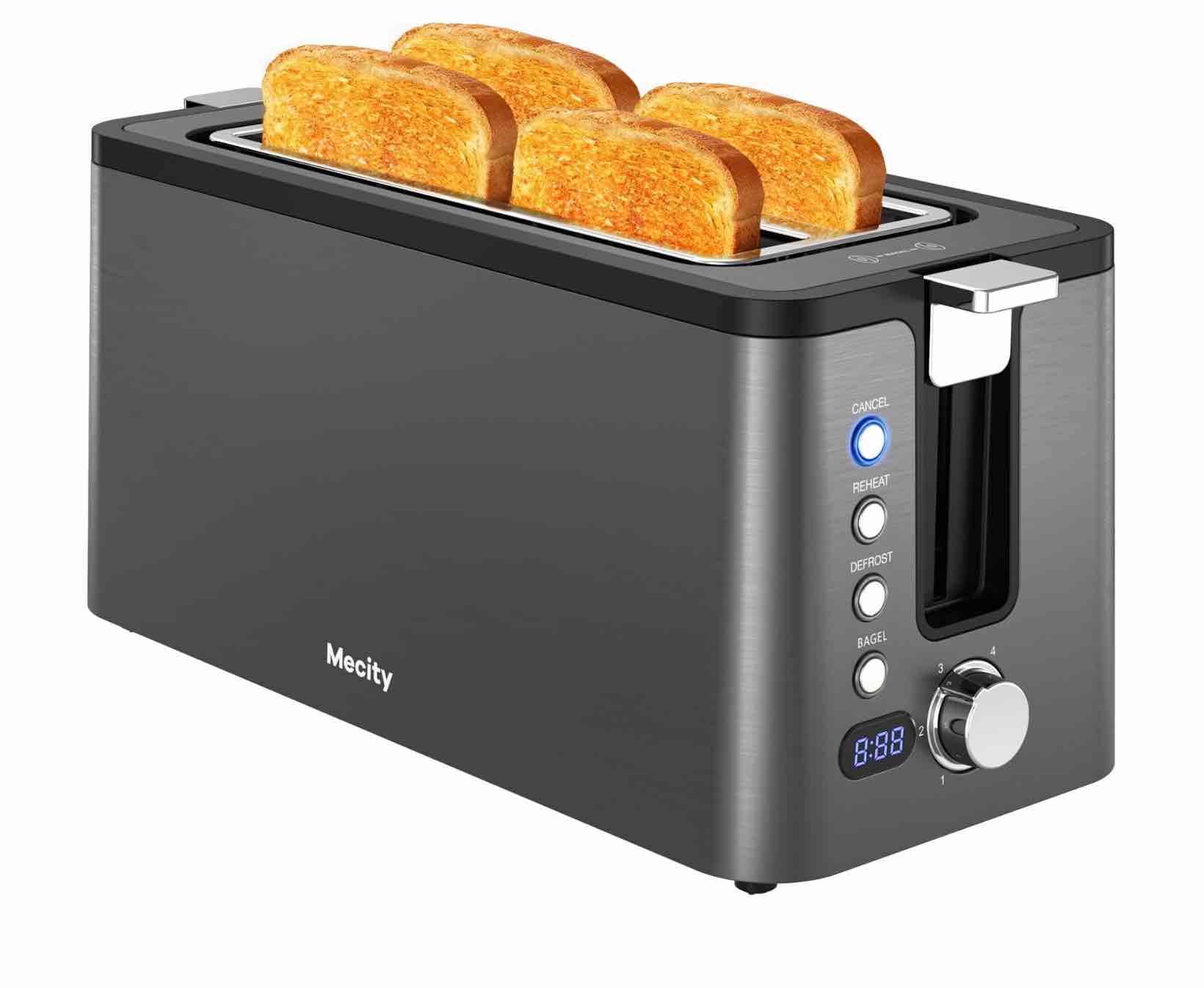 mecity 4 slice long slot toaster with countdown timer, bagel/defrost/reheat, warming rack, 6 browning levels, metallic grey