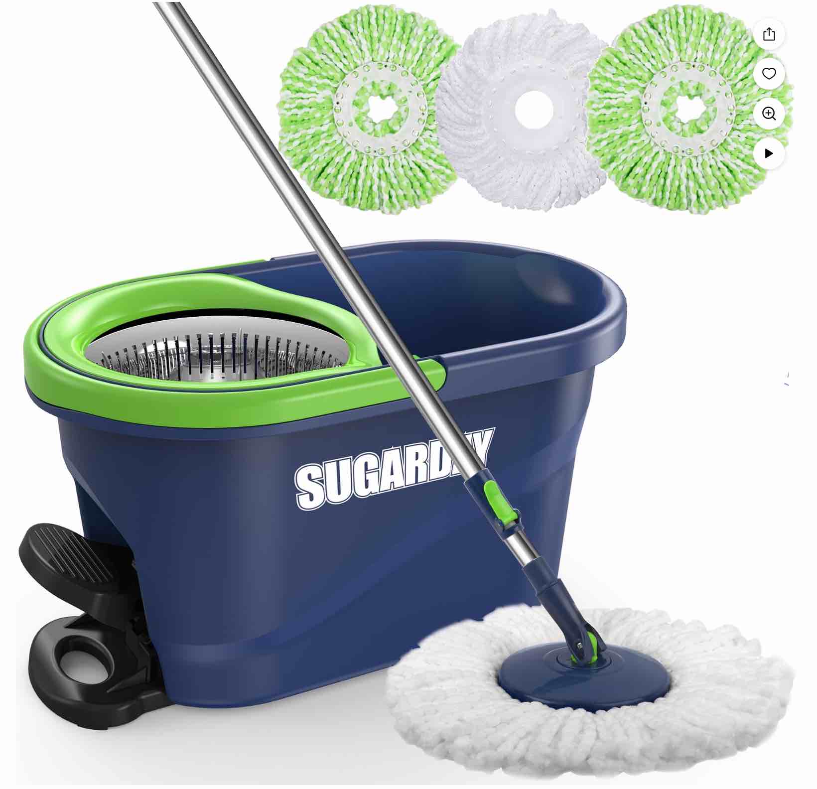sugarday spin mop and bucket with wringer set for floors cleaning heavy duty system, green