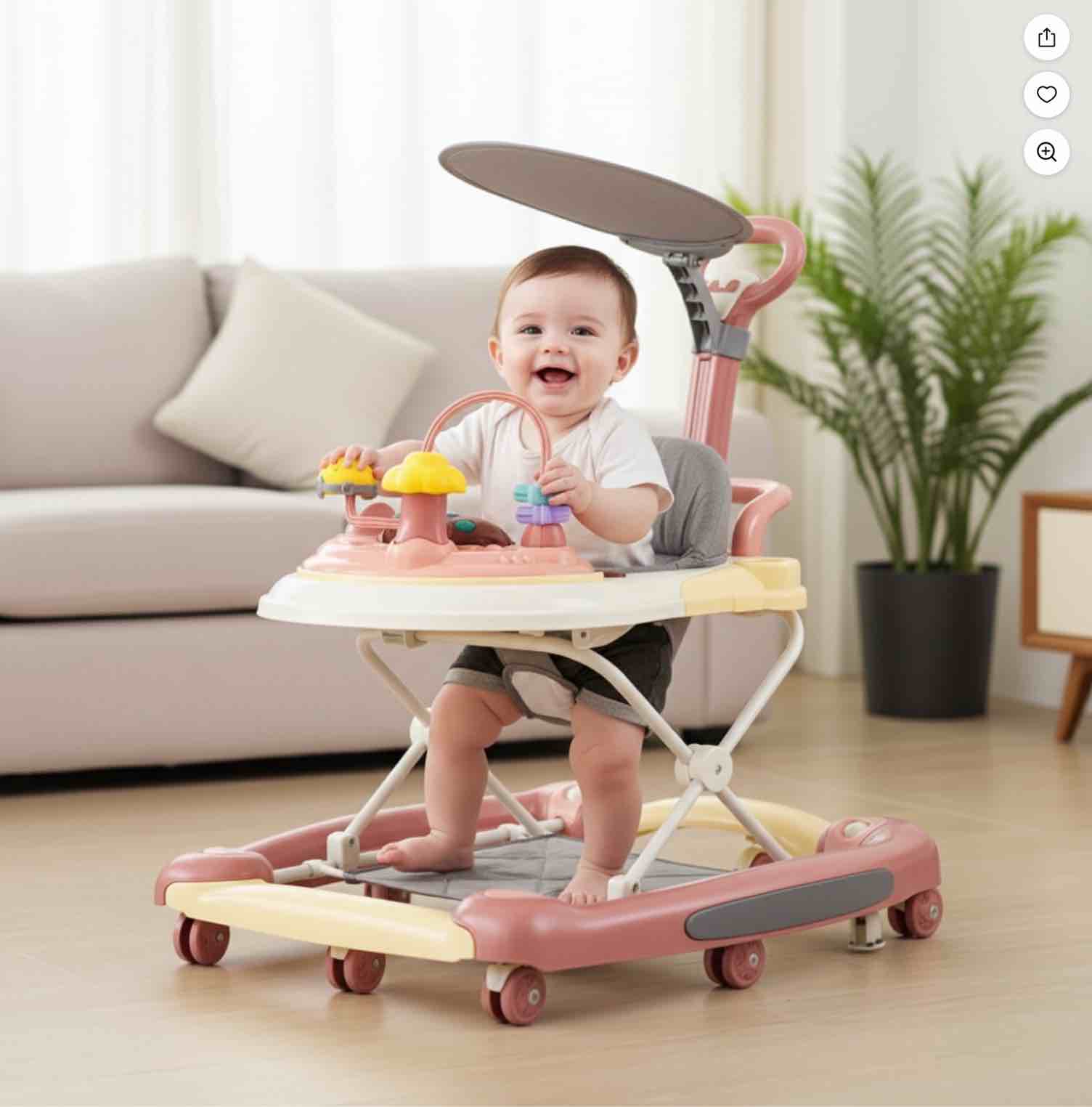 PUEDO 5-in-1 Baby Walker with Wheels,Infant Toddler Walkers Bouncer for Baby Boys Girls,7 Months+,Pink