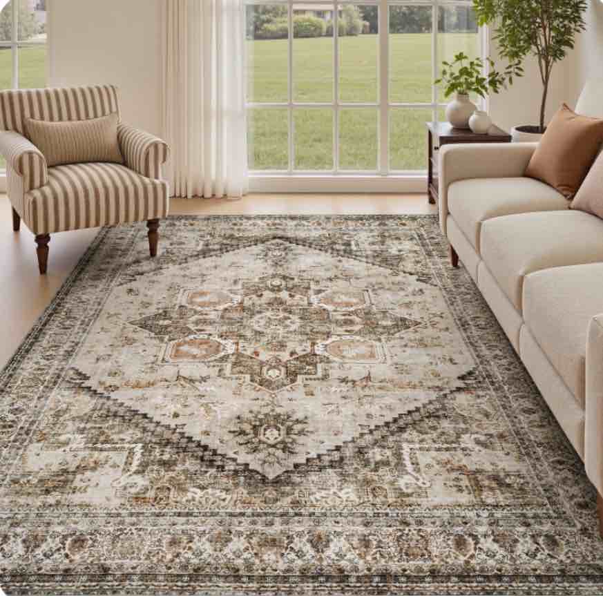 SIXHOME 8 x10 Area Rug Washable Retro Living Room Bedroom Carpet Soft Floral Distressed Indoor Rug Beige