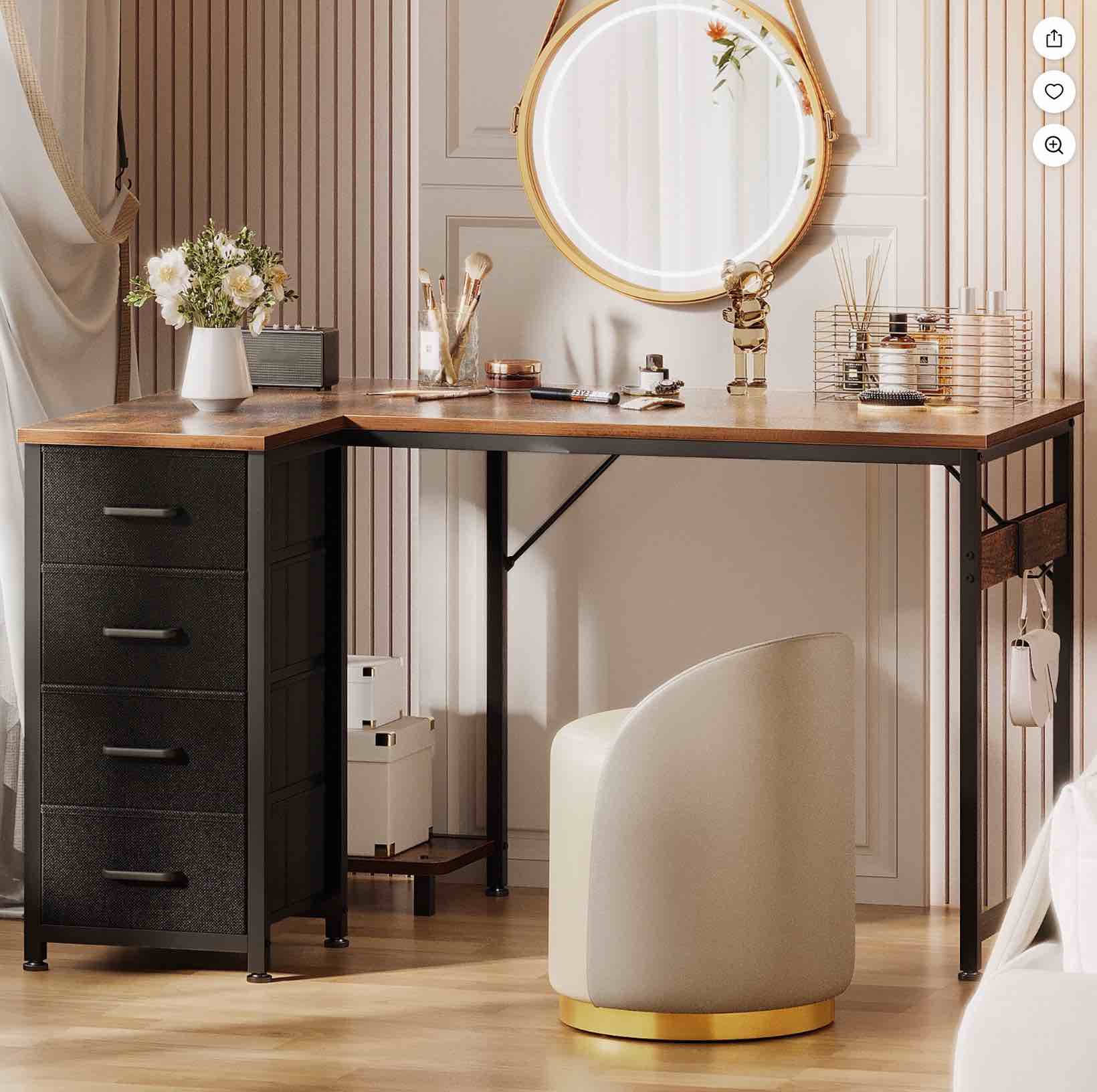 40 inch Computer Desk with 4 Fabric Drawers — Home Office Desks with Storage, Writing Desk with Side Hook, Desk Study/Work Table for Bedroom and Small Space, Vintage