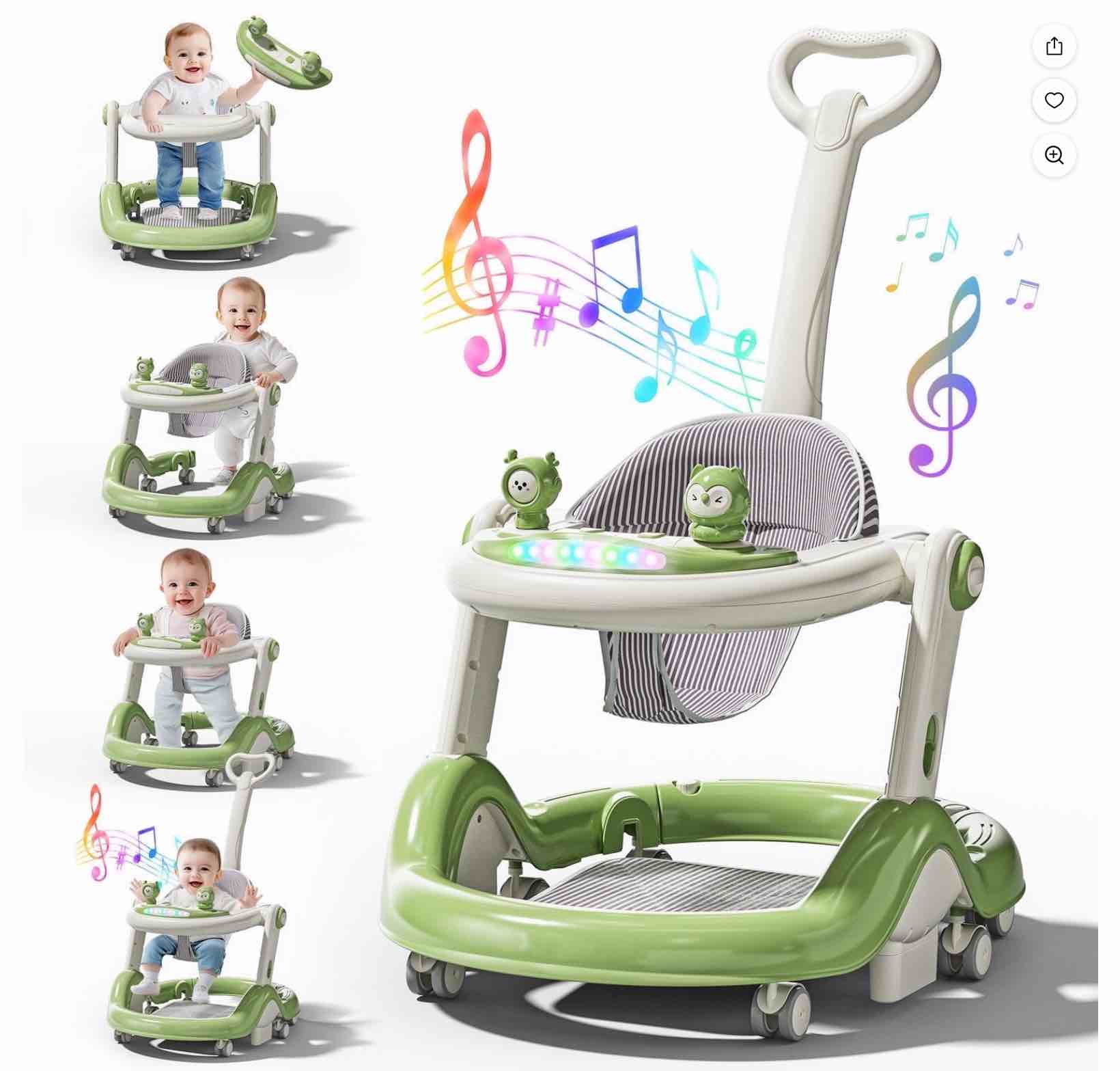 WonderStone 5 in 1 Baby Walker, Foldable Push Walker with Wheels, Music & Light, Baby Bouncer, Baby Activity Center for Boy Girl 6-12 Months (Green)