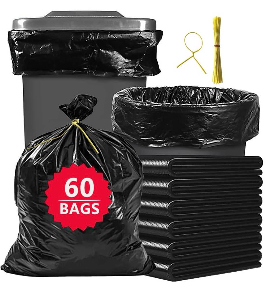 55 Gallon Trash Bags (60 Count), Black Heavy Duty Outdoor Garbage Bags, with Tying Ropes