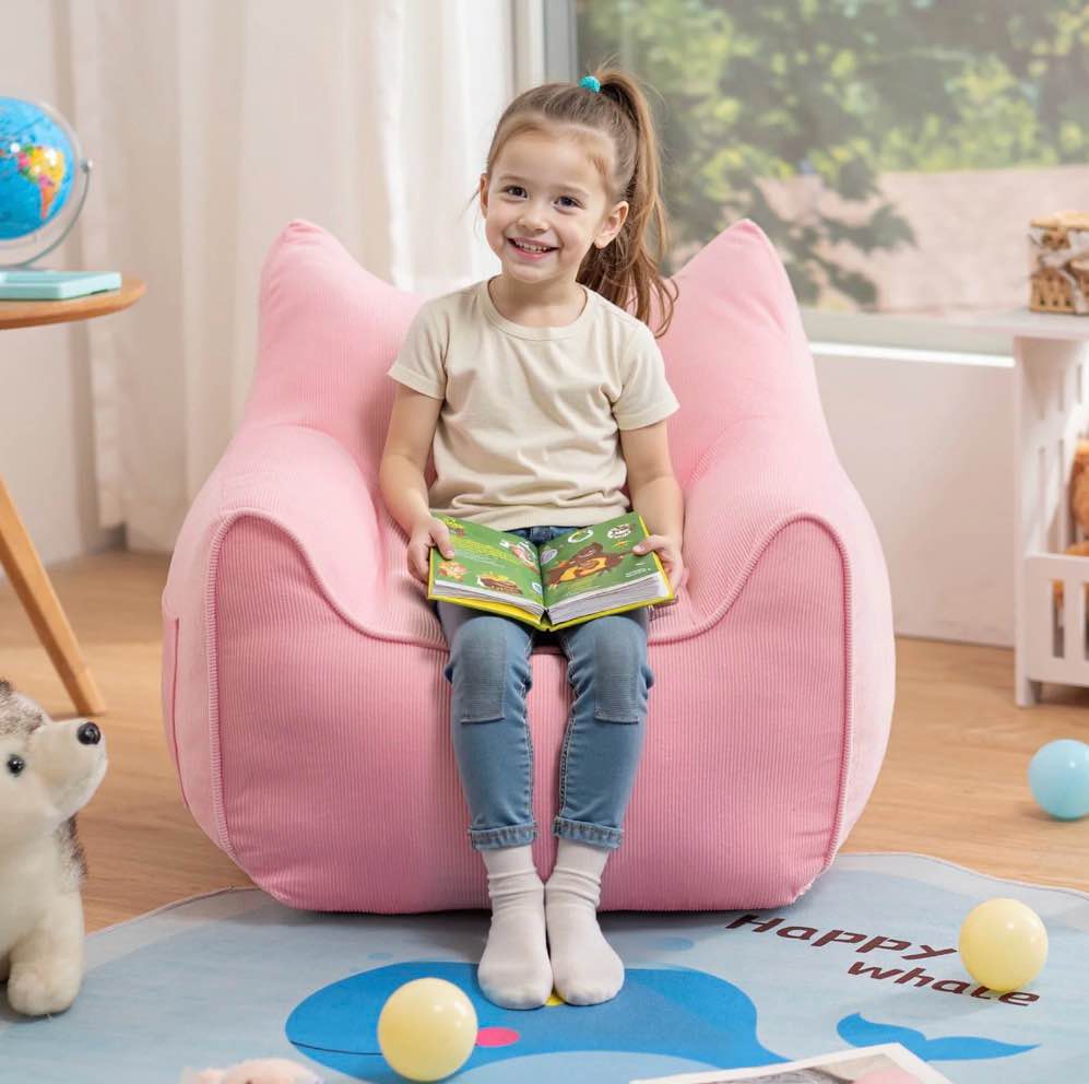 Lusimo Kids Bean Bag Chair, Soft Memory Foam Bean Bag Sofa for Bedrooms, Cat-Ear Design Toddler Couch for Boys, Girls, Lounge Chairs with Pocket for Gaming, Reading, Ages 1.5-8, Pink
