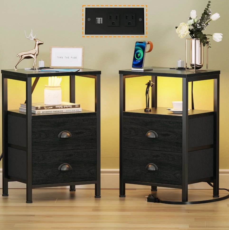 Satifur Bedside Table with Charging Station,Set of 2 LED Nightstand with 2 Fabric Drawers,Black Oak