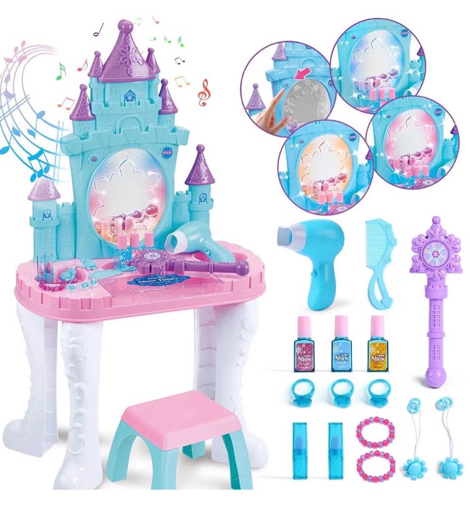 JoyStone Toddler Makeup Table with Mirror and Chair, Kids Makeup Vanity Set with Accessories and Lights and Music Sounds, Makeup Accessories & Blowdryer for Toddlers 2-5 Years Old