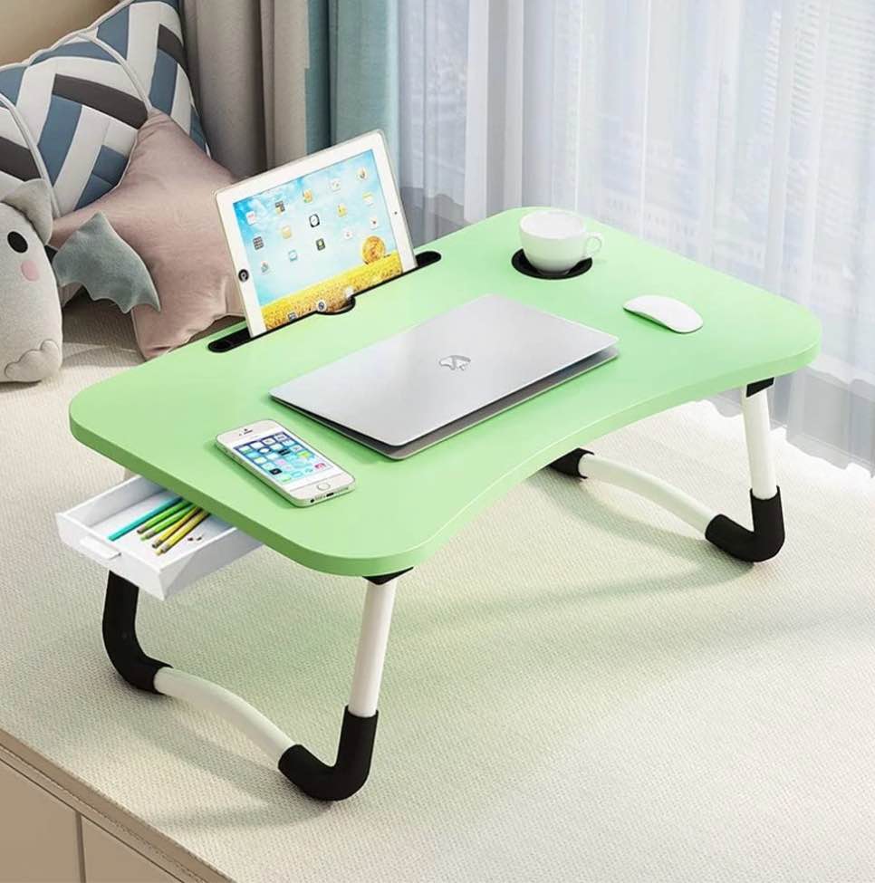 PHANCIR Foldable Lap Desk  23.6 Inch Portable Wood Laptop Desk Table Workspace Organizer Bed Tray with iPad Slots  Cup Holder and Drawer  Anti-Slip for Working Reading Writing  Eating  Watching-Green