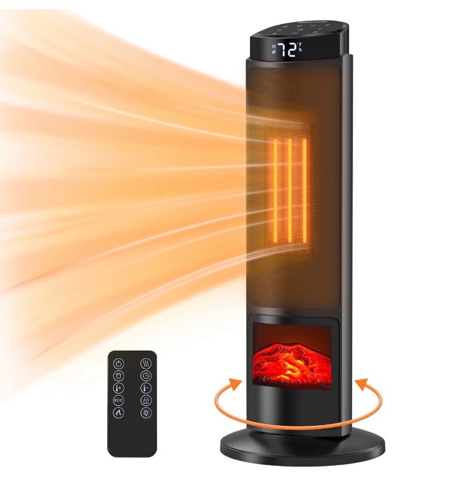 EDX 1500W Space Heater for Indoor Use, 23" Electric Heater with 7 Light Colors, 70° Oscillation, Adjustable Thermostat & Remote, Tip-Over Protection, Black