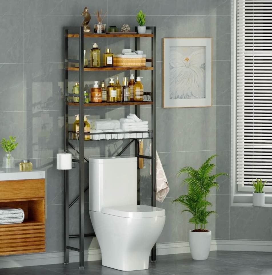 Capri Over The Toilet Storage Shelf, 4-Tier Freestanding Bathroom Organizers and Storage, above Toilet Space Saver Rack with Adjustable Shelves, Toilet Paper Holder and 9-Hooks, Rustic Brown