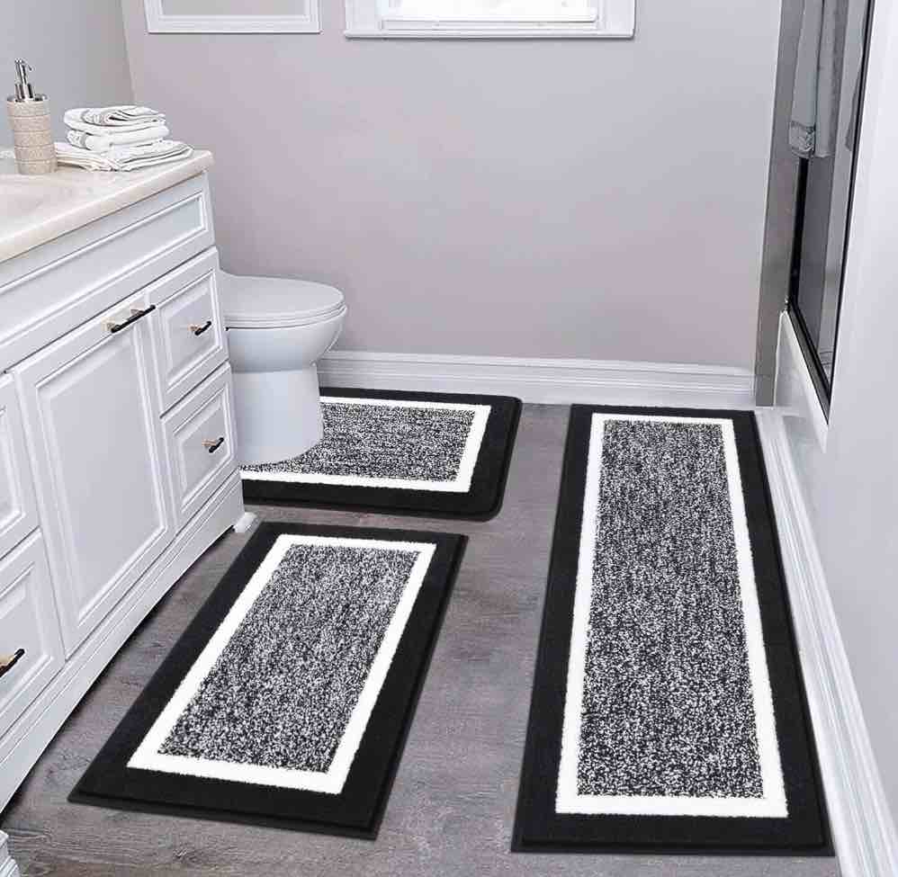 findosom 3pcs bathroom rugs set with u-shaped mat, non slip, quick drying, ultra soft and water absorbent bath rug mat carpet machine washable 18"x26"+18"x48"+u shape 20"x24" black