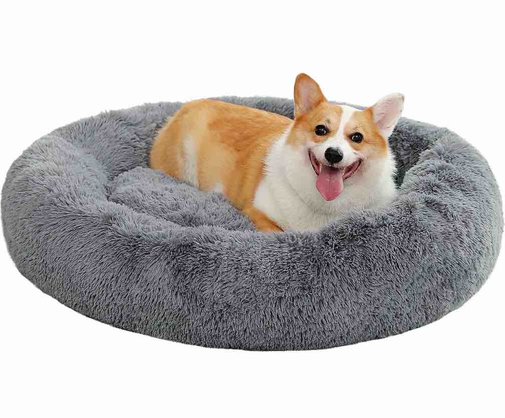 pawz road calming donut dog bed anti-anxiety plush pillow round puppy cat bed 35" for pets up to 100lbs,gray