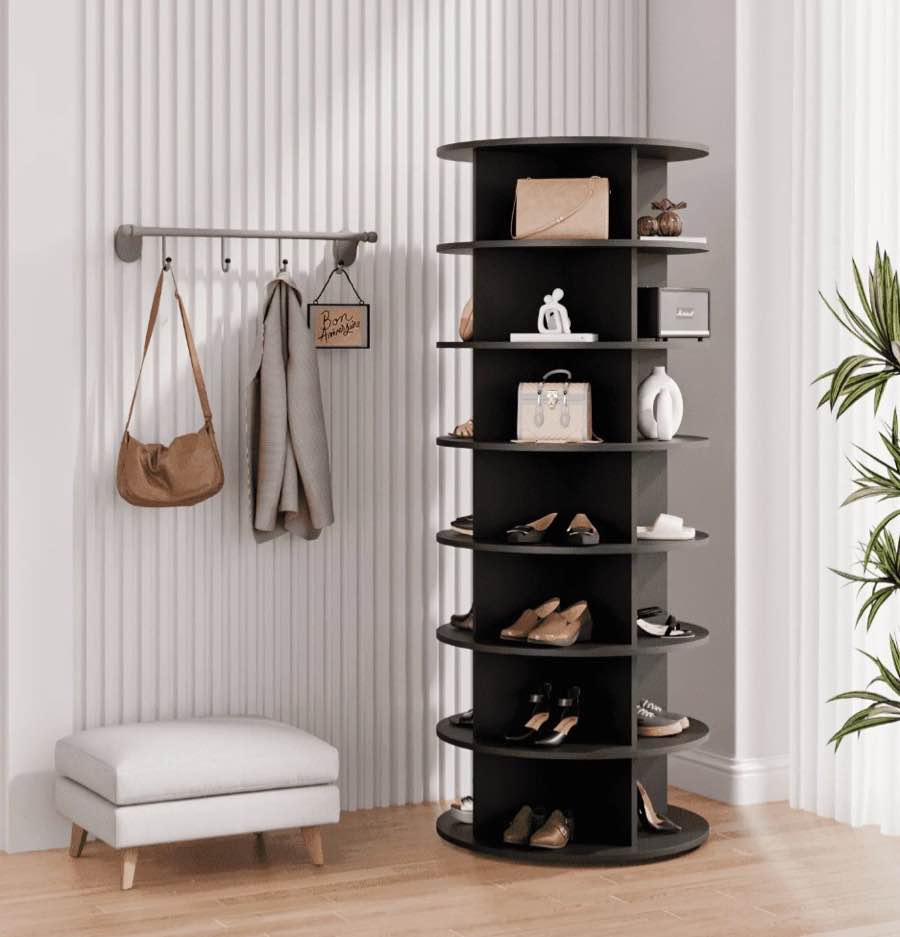 waleaf 7 tier rotating shoe rack tower, 360° spinning shoe display lazy susan, free standing shoe organizer, black