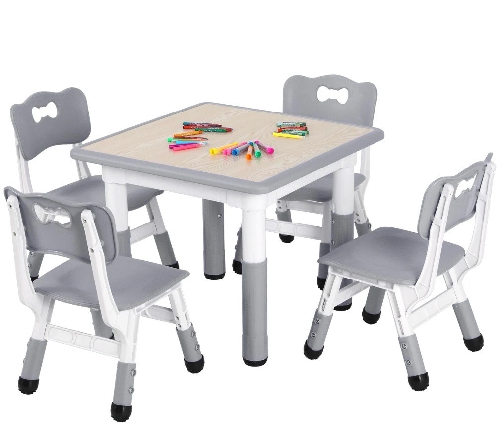 arlopu kids table and 4 chairs set, height adjustable & non-slip legs, toddlers 5pcs activity table set for daycare, classroom, home, gray