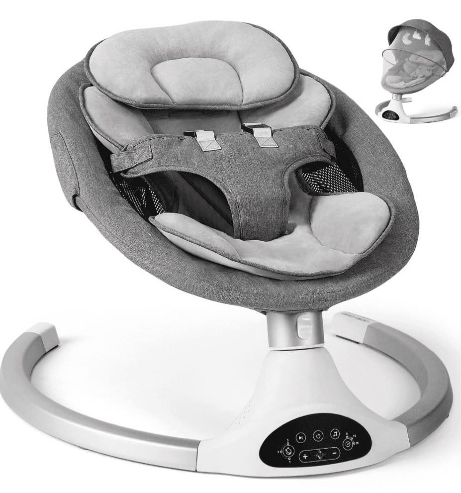baby swing for infants - electric infant swing with 3 swing speeds and 10 lullabies, portable indoor baby rocker, touch screen control and remote control, bluetooth, grey