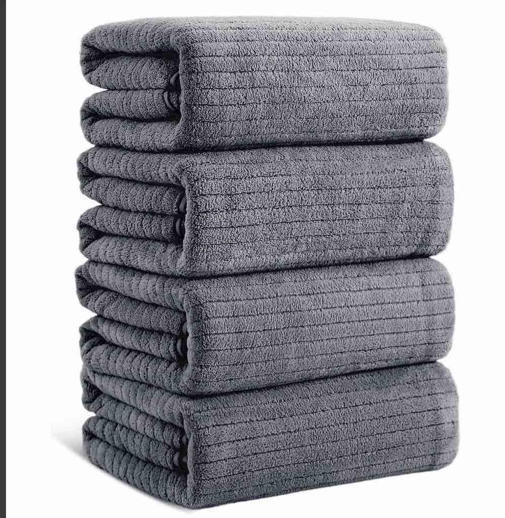 Jessy Home 4 Pack Dark Gray Stripe Large Bath Towels Set Oversized Microfiber Bath Sheet Soft Towel Set