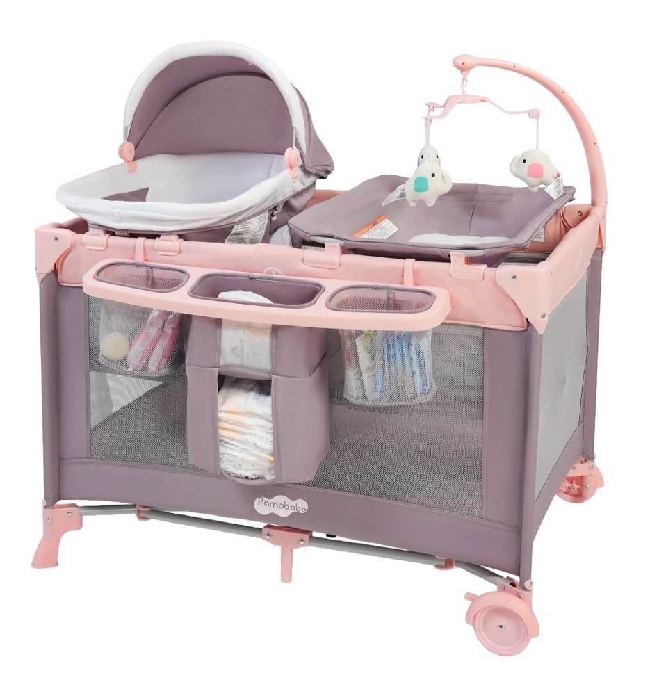 Pamo Babe 4-in-1 Baby Playard with Bassinet & Changing Table for Newborn,4-Panels Playpen
