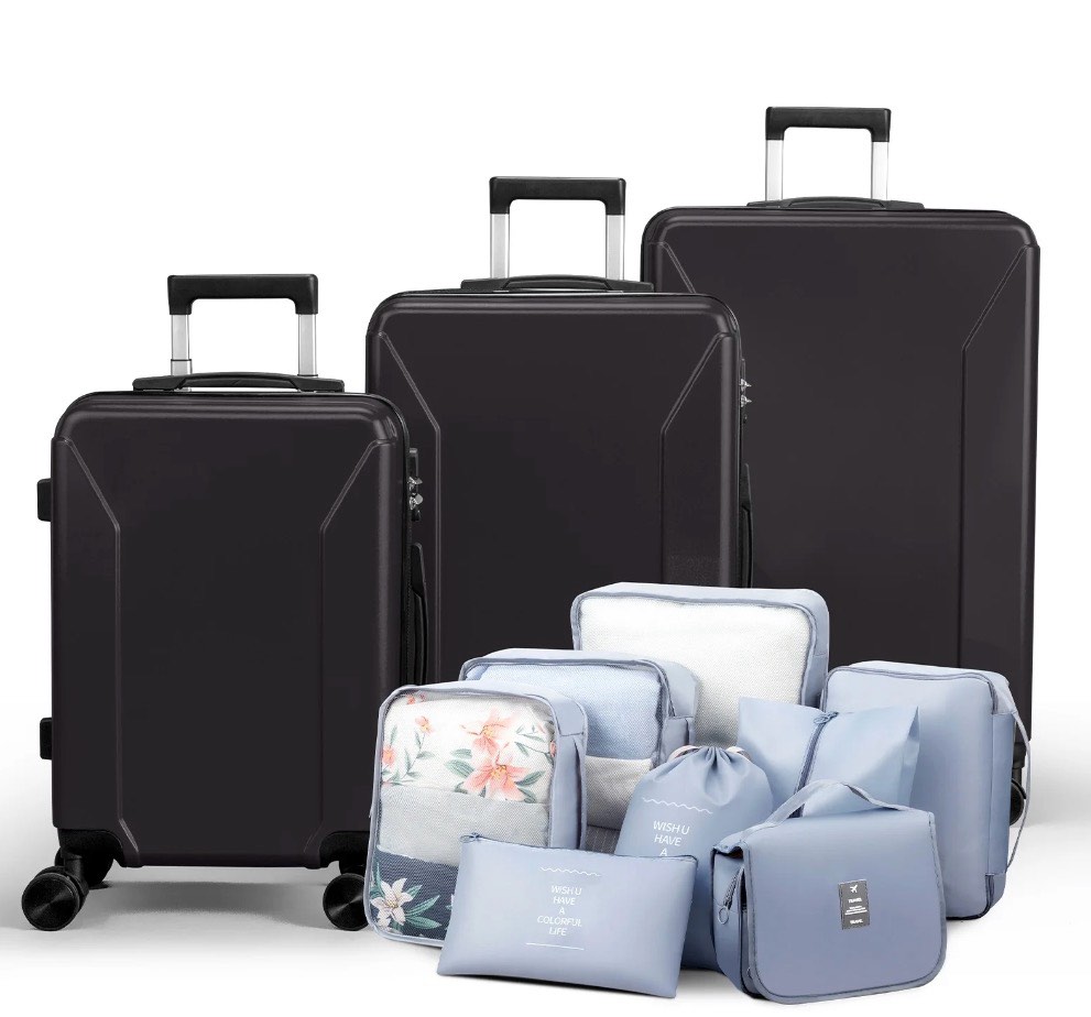 Zimtown 3-Piece Luggage Set with 8 Packing Cubes, Hard Shell Suitcases with Spinner Wheels TSA Lock, Black