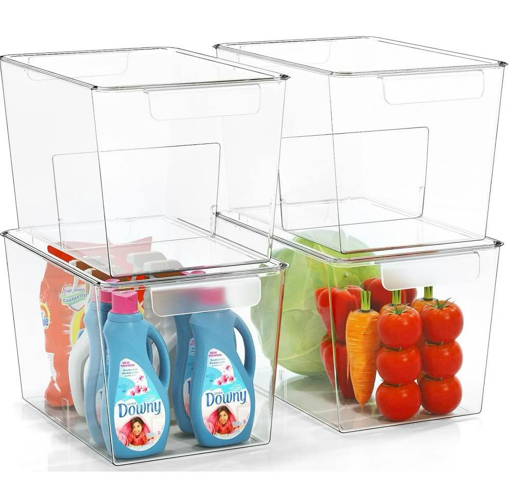 stackable clear storage bins with lids, large plastic storage bins w handle, acrylic pantry organization and storage for kitchen, fridge, cabinet, refrigerator, bathroom organizer