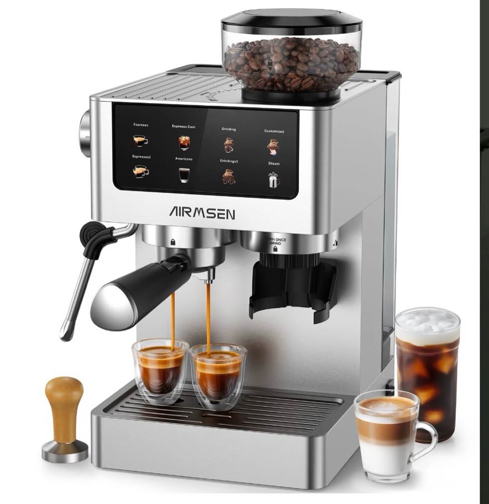 AIRMSEN Espresso Machine with Grinder, Espresso Coffee Machine with Customized Grind Amount & Coffee Volume, Cold Brew Coffee Maker for Cappuccino Latte Americano, Brushed Stainless Steel