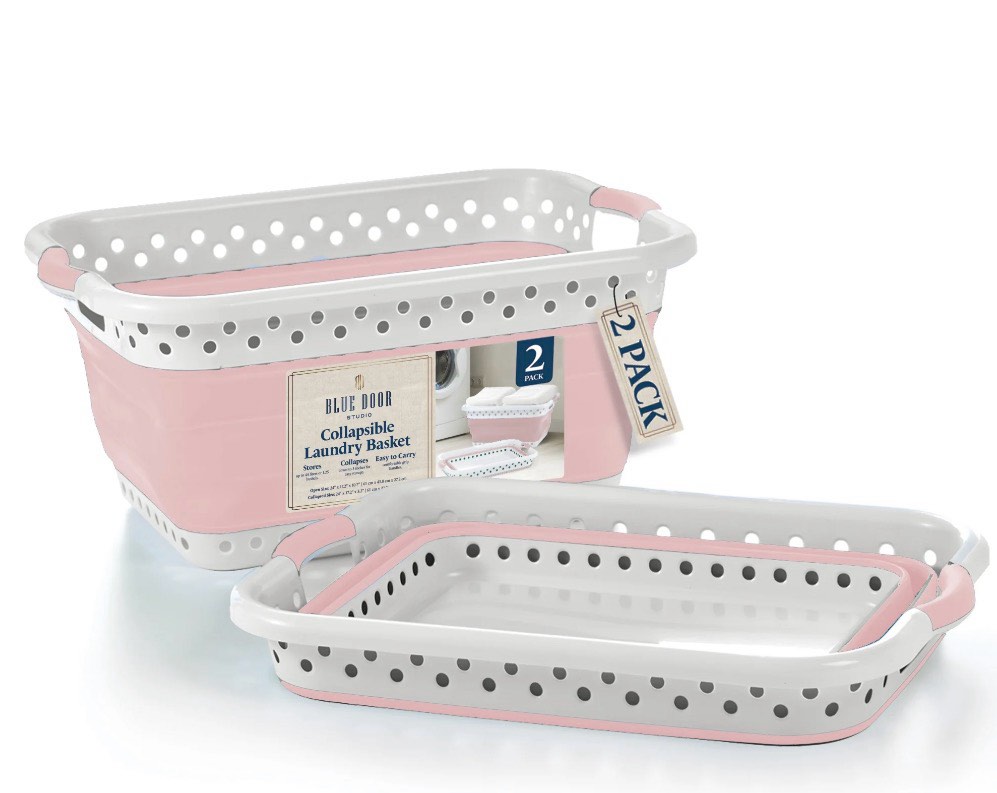 blue door collapsible laundry basket portable pop up plastic laundry hamper with dual grip, 10.5-gallon pink 2pk