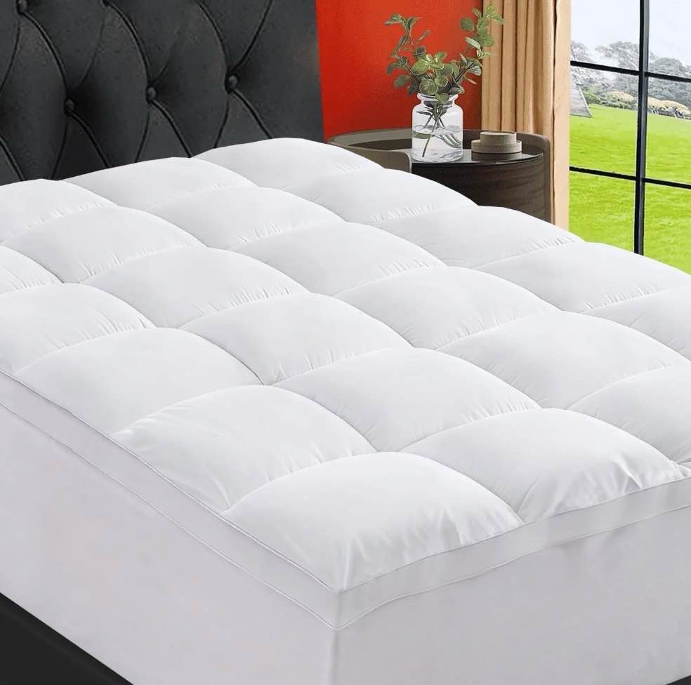 emonia 100% 400tc mattress topper queen for back pain, 900gsm mattress pad pillow top, quilted fitted mattress protector cover with 8-21" deep elastic pocket, soft comfort breathable (white, queen)