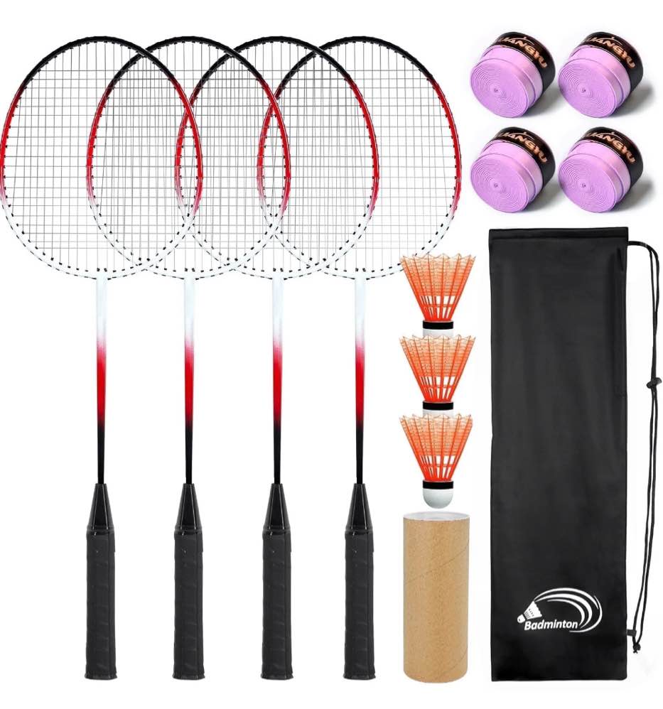 JASCOPRO Badminton Racket Set for 4 Players  4 Racquets  3 Shuttlecocks with Carry Bag