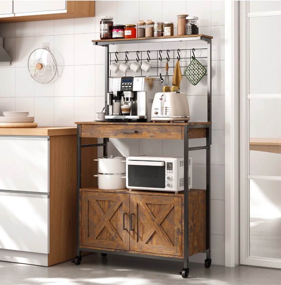 Behost Baker's Rack with Cabinet, Kitchen Adjustable Storage Shelves for Microwave Cart Oven Stand Coffee Bar, Rustic Brown